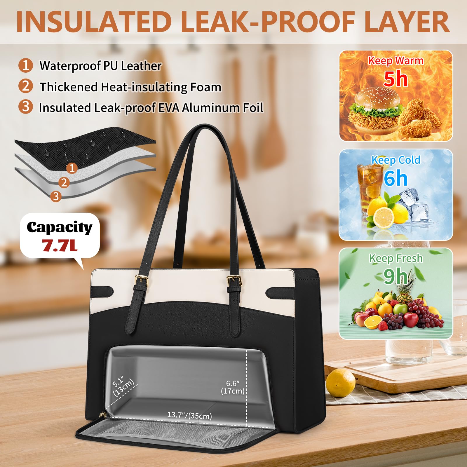 RAINSMORE Laptop Bags for Women with Insulated Lunch Compartment Work Tote Bag 15.6 inch Large Laptop Handbag PU Leather for Office Business College — view 4