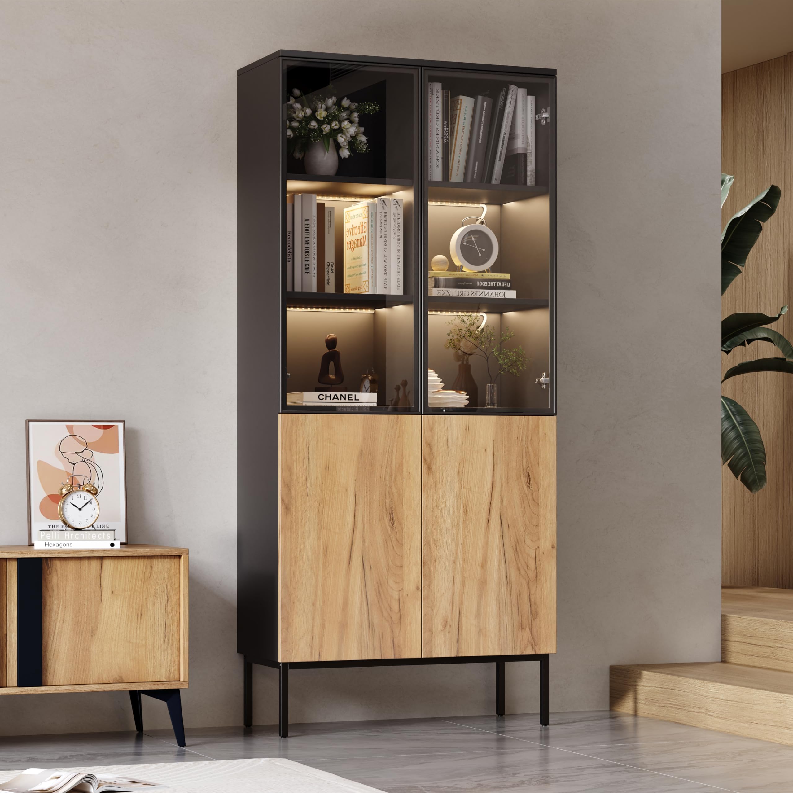 BTM Vitrine Glastüren, 180 cm hoher Schrank LED-Leuchten, Bücherregal, 5-stöckige Glasvitrine Sammlerstücke, Büro, Schwarz/Eiche