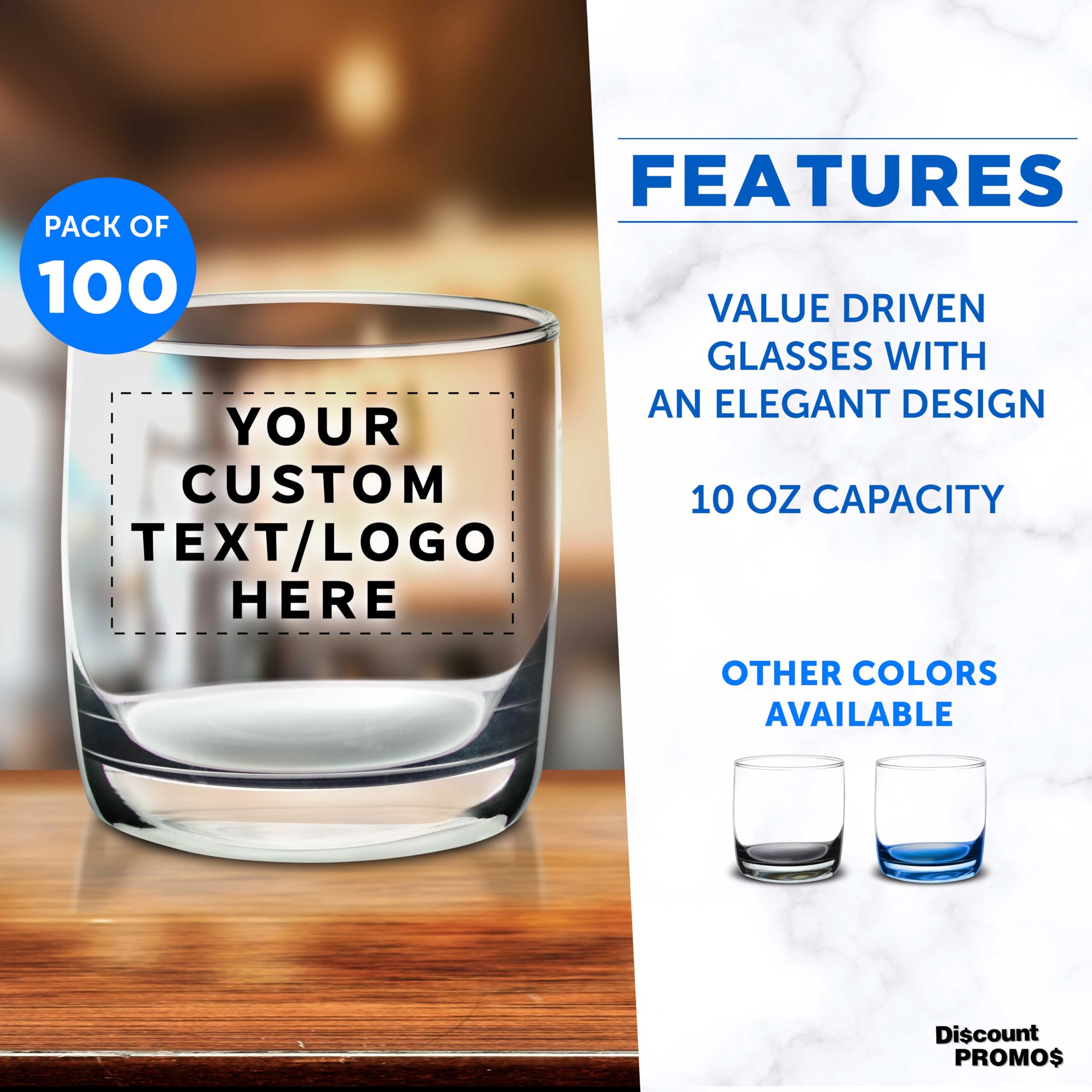 Custom Whiskey Glasses 10 oz Set of 100, Personalized Bulk Pack - Heavy Base Old Fashioned Glass, Perfect for Scotch, Bourbon, Whiskey, Cocktail - Clear