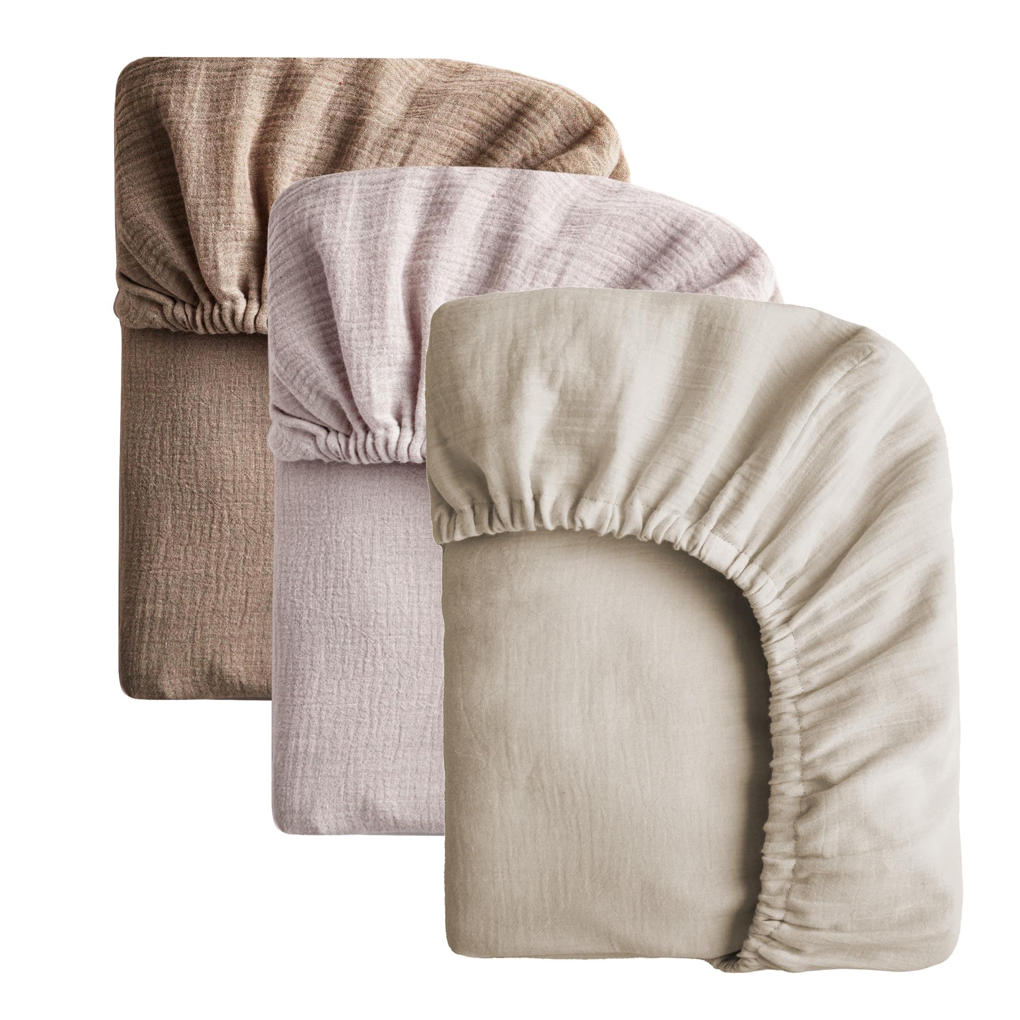 SOULFUL Muslin Crib Sheets for Boys Girls, 3 Pack Soft and Breathable Cotton Fitted Crib Sheets for Standard Crib Mattress (28"x 52", Light Tan &amp; Brown &amp; Mist Pink)