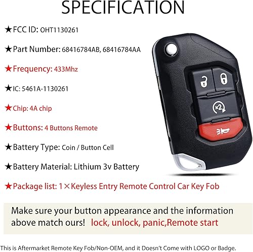 Miniatura 4 de Llavero de repuesto para Jeep Wrangler 2018 2019 2020 2021 2022 Gladiator 2020-2022 OHT1130261 5461A-1130261 Control remoto de entrada sin llave