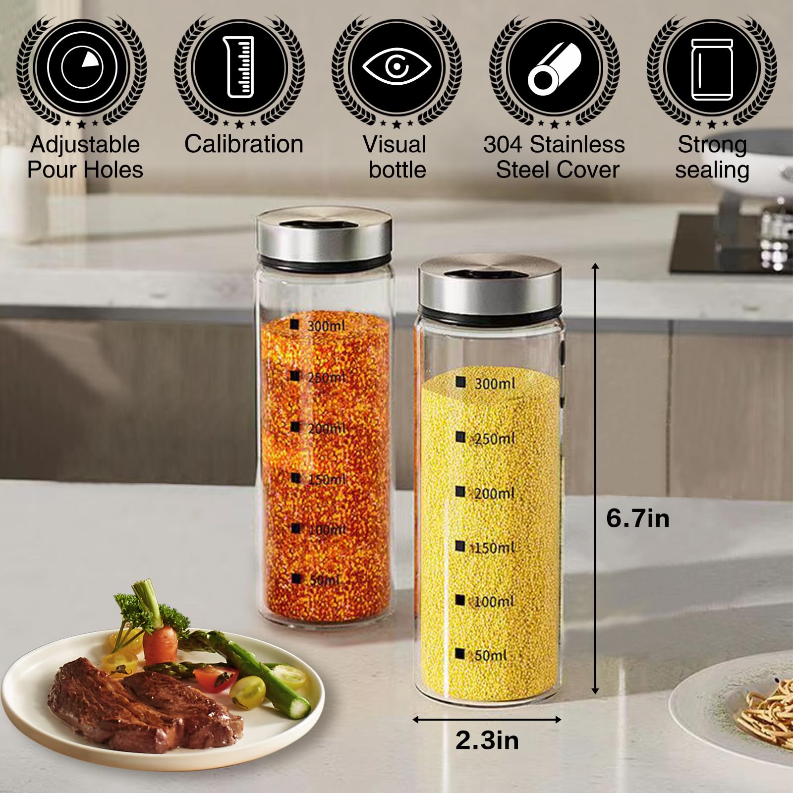 Juego de 2 saleros y pimenteros de cristal, saleros y pimenteros grandes con agujeros de vertido ajustables, tarros de especias recargables con tapa de acero inoxidable, accesorios de cocina