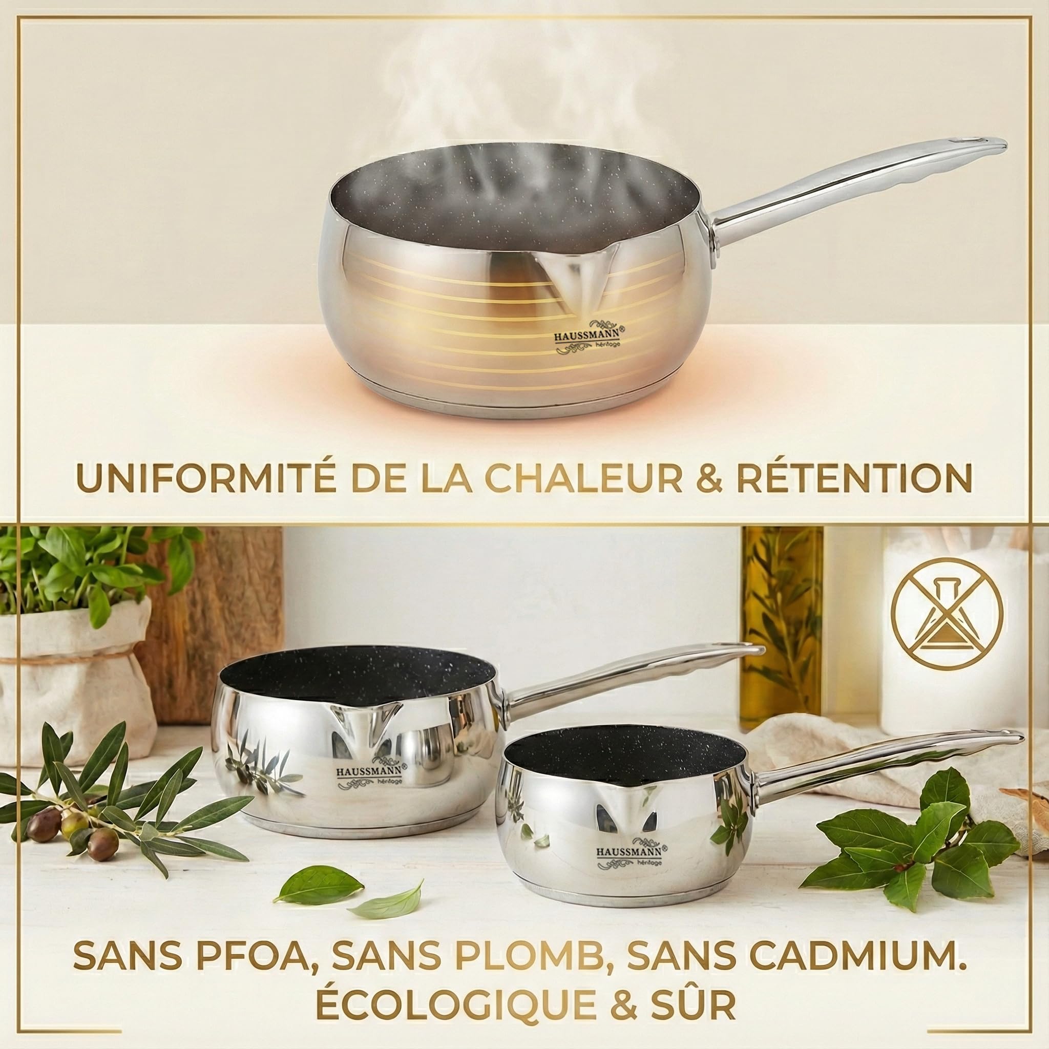 Haussmann Héritage® - Set de 3 Casseroles Inox avec Revêtement Façon Pierre (16/18/20 cm) - Antiadhésif Sans PFOA - Compatible Induction - Fond Triple Épaisseur, Manches Rivetés & Becs Verseurs