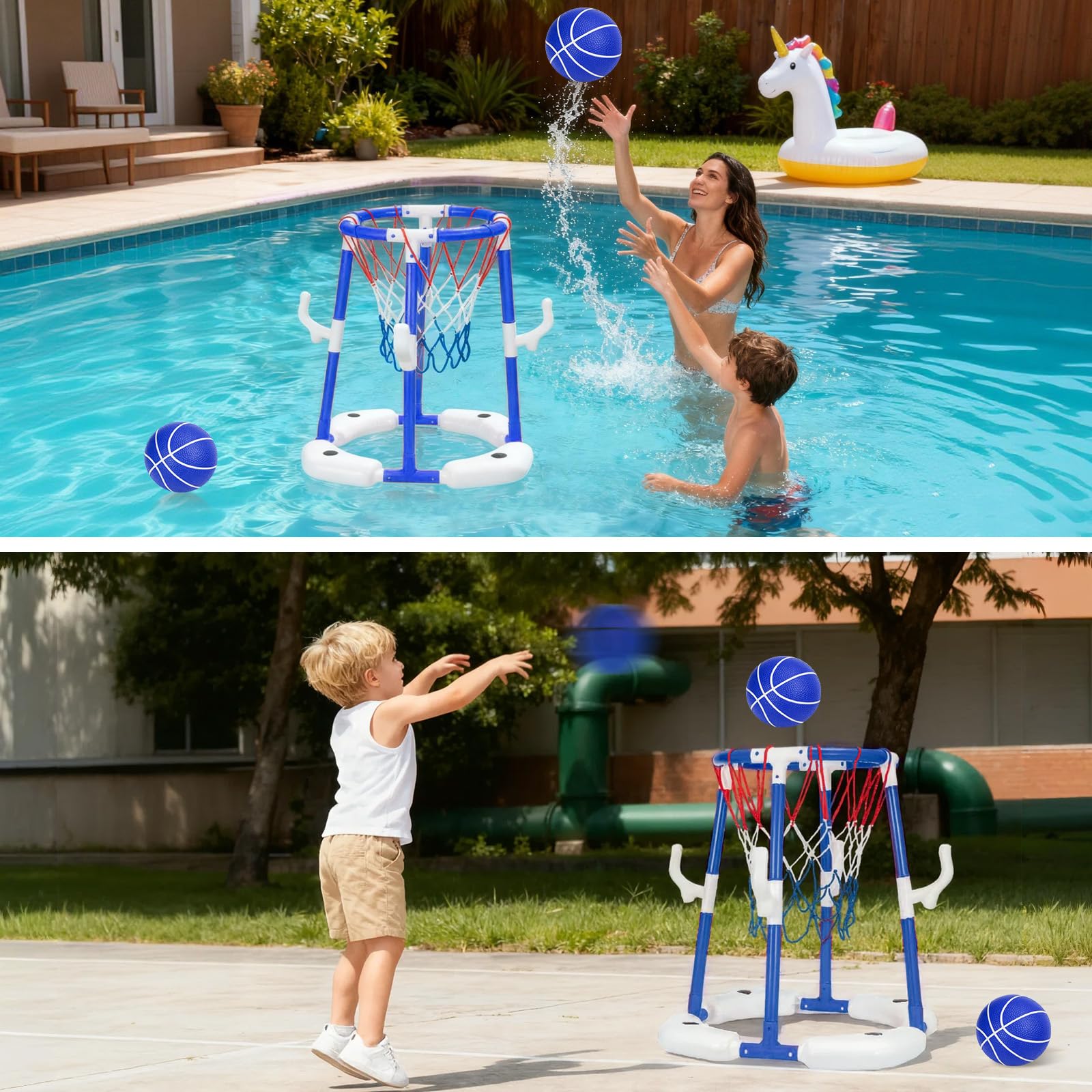 Schwimmender Pool-Basketballkorb, geeignet für Kinder und Erwachsene, inklusive 4 Poolbällen und Einer Luftpumpe, aufblasbares Basketball-Spiel für den Pool Pool-Spielzeug-Basketballkorb