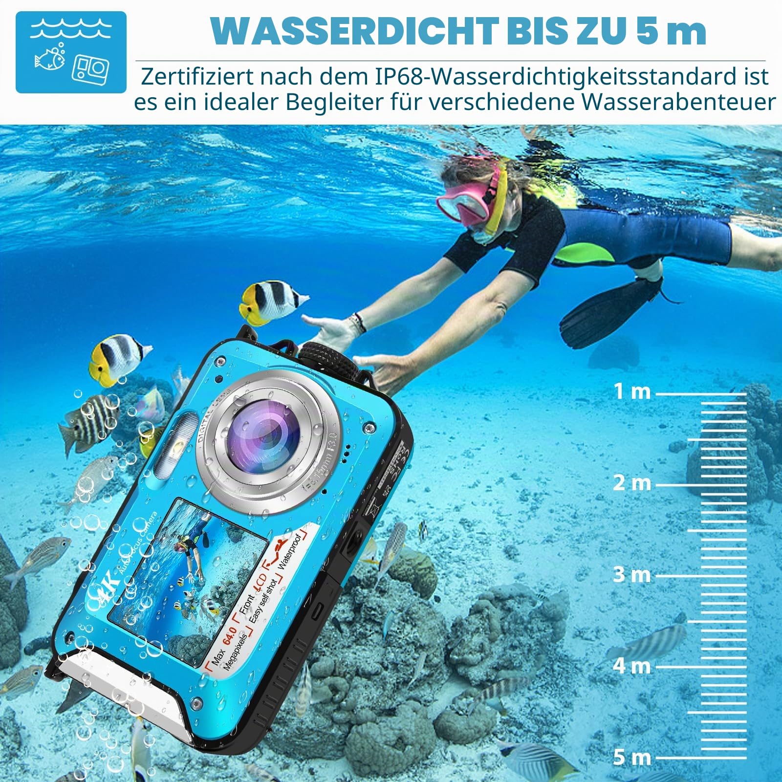 64MP Unterwasserkamera mit 64GB Speicherkarte, 4K unterwasser kamera mit Autofokus & Dual-Selfie-Bildschirmen, 5 Meter kamera wasserdicht, digitalkamera wasserdichte für Kinder & Schnorcheln (2 Akkus)