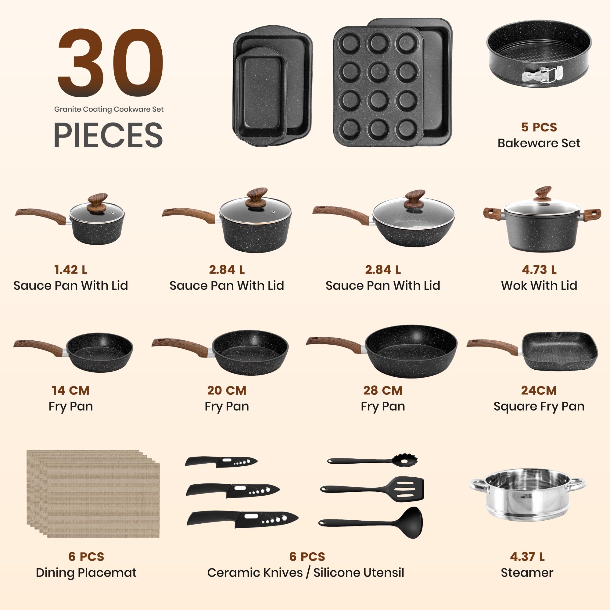 Kitchen Academy 30-teiliges Topfset Induktion, Granit Topf Pfannen Set | Antihaft-Kochgeschirr, Kochtopfset für alle Herdarten, schnelle Hitzeverteilung, 100% PFOA- und PFOS-frei