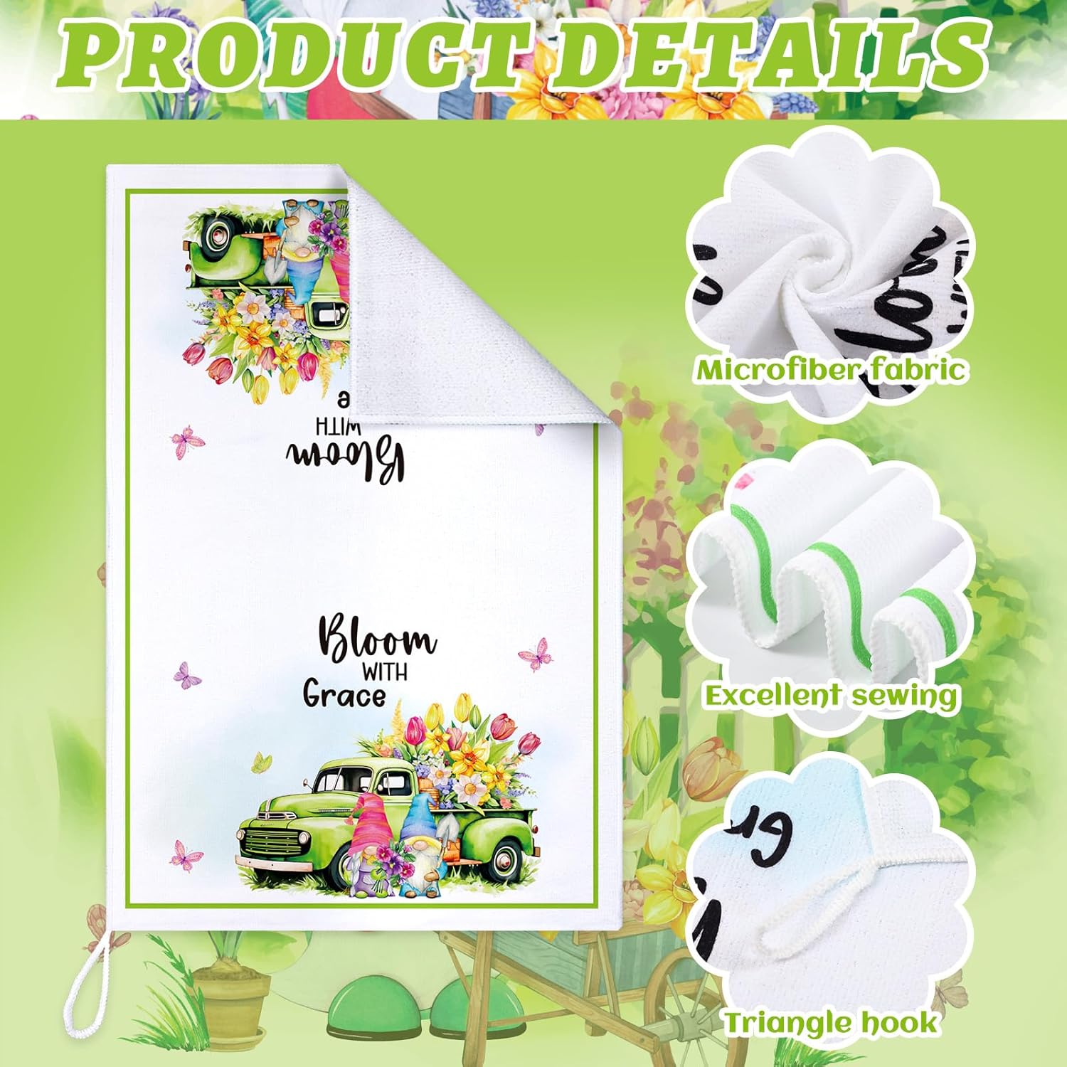 Tegeme 6 Pcs Spring Flower Gnome Kitchen Towel Easter Summer Floral Dish Hand Tea Towels Absorbent Polyester Cloths for Kitchen Bathroom Home Indoor Decor and Accessories, 16 x 24 Inch - Image 5