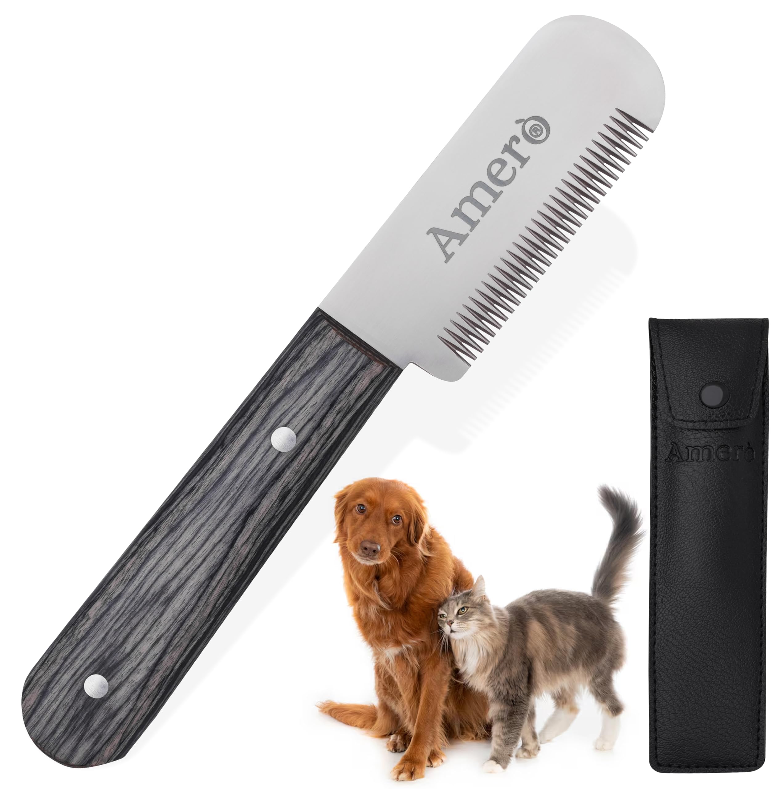 AmerÒ Dog Stripping Knife – Right Handed Grooming Tool for Dogs, Ergonomic Wooden Handle, Hand Stripping Knife for Border Terrier & Wire Coat Grooming – Durable & Precise (Black)