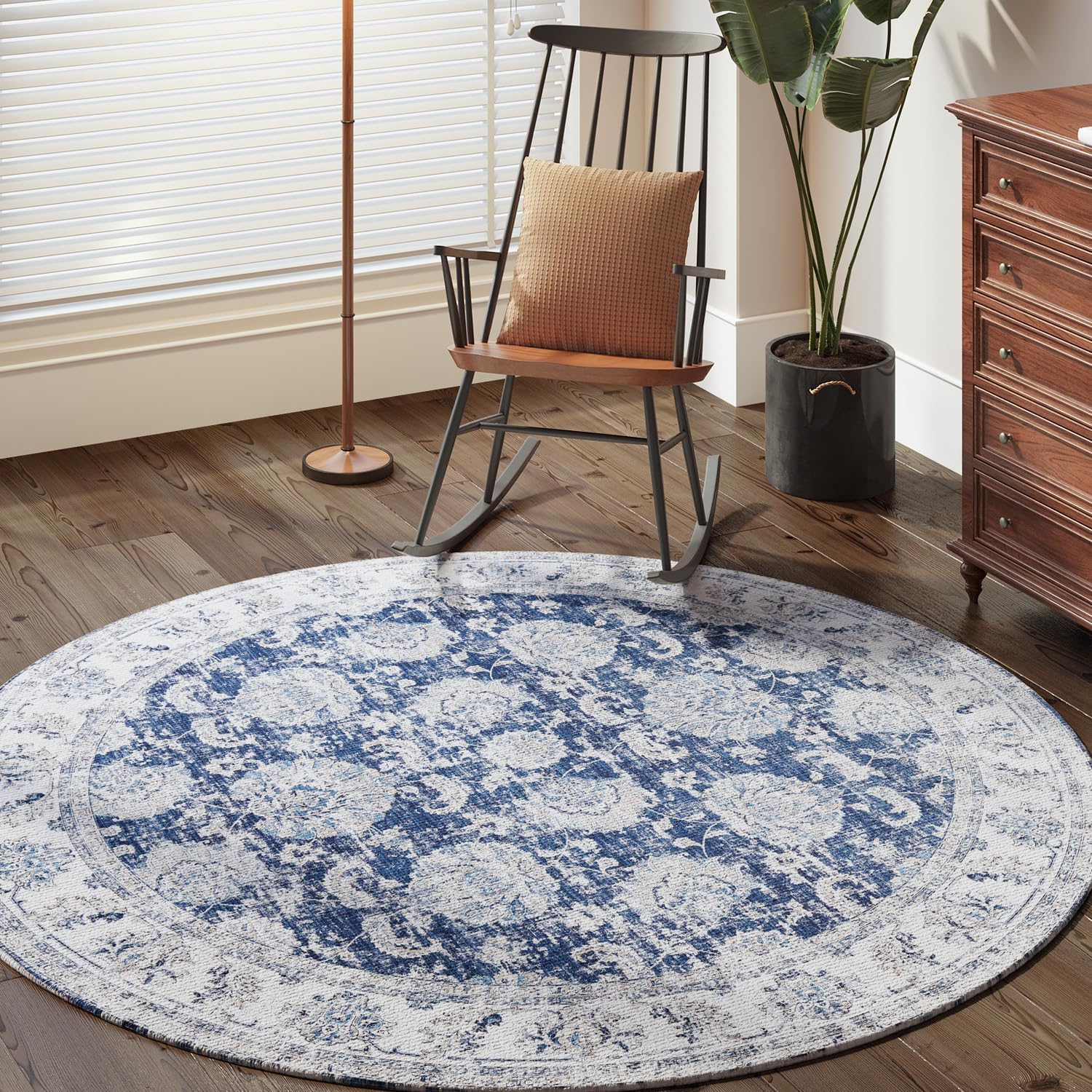 jinchan Round Rug 7ft Area Rug Dark Blue Vintage Floor Mat