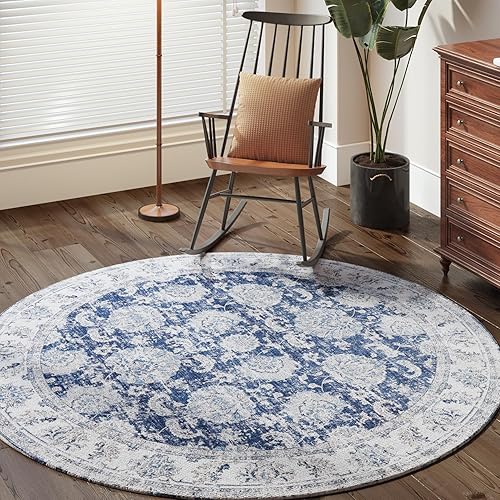 jinchan Alfombra redonda de 6 pies, color azul oscuro, vintage, para cocina, interior, delgada, floral, lavable, alfombra circular de 6 pies,