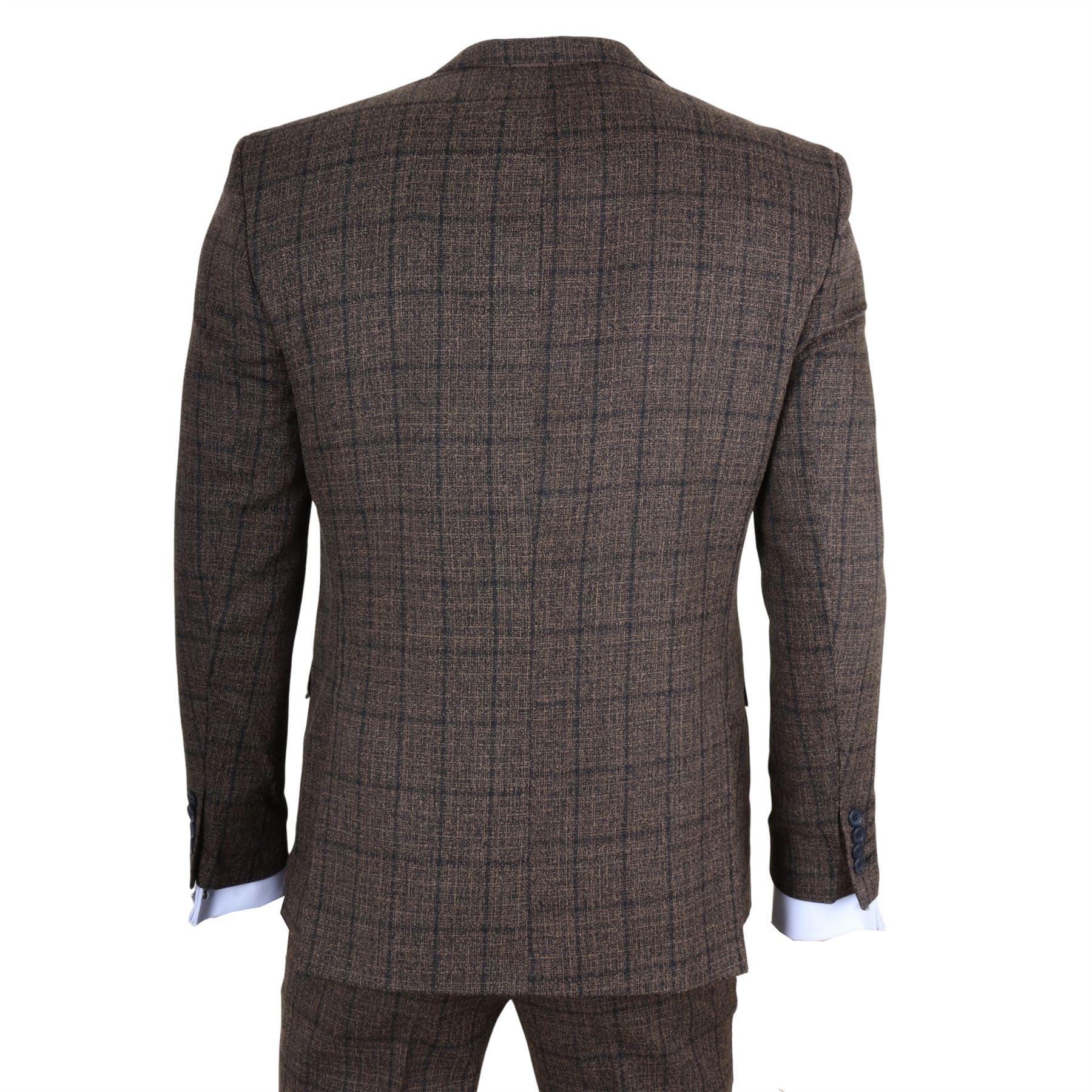 Traje de vestir formal de 3 piezas a cuadros para hombre, color marrón oscuro