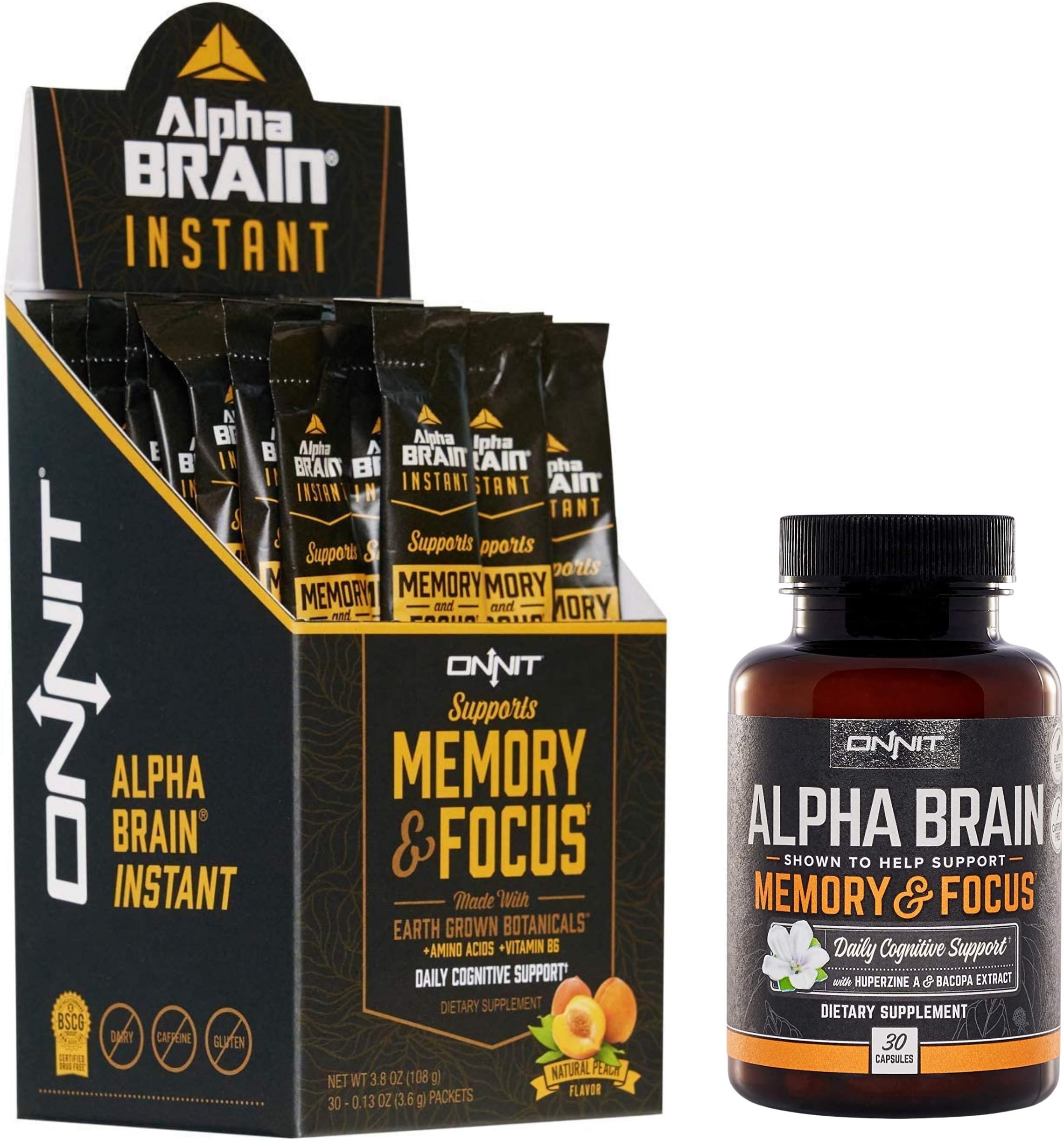 ONNITNootropic Stack - Alpha Brain Capsules (30ct) + Alpha Brain Instant - Natural Peach (30ct)