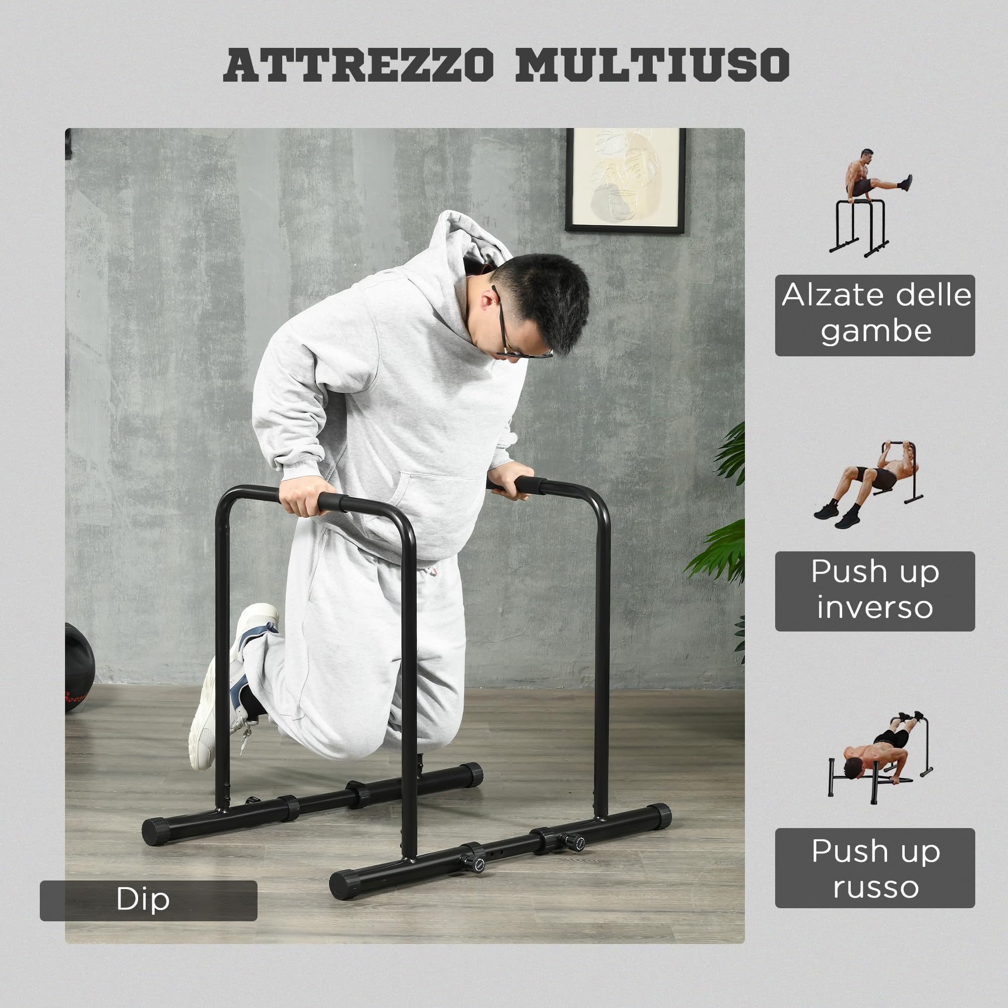 SPORTNOW Barra per Dip in Acciaio ad Altezza Regolabile con 6 Lunghezze Regolabili, 90-102x65x80-90 cm, Nera
