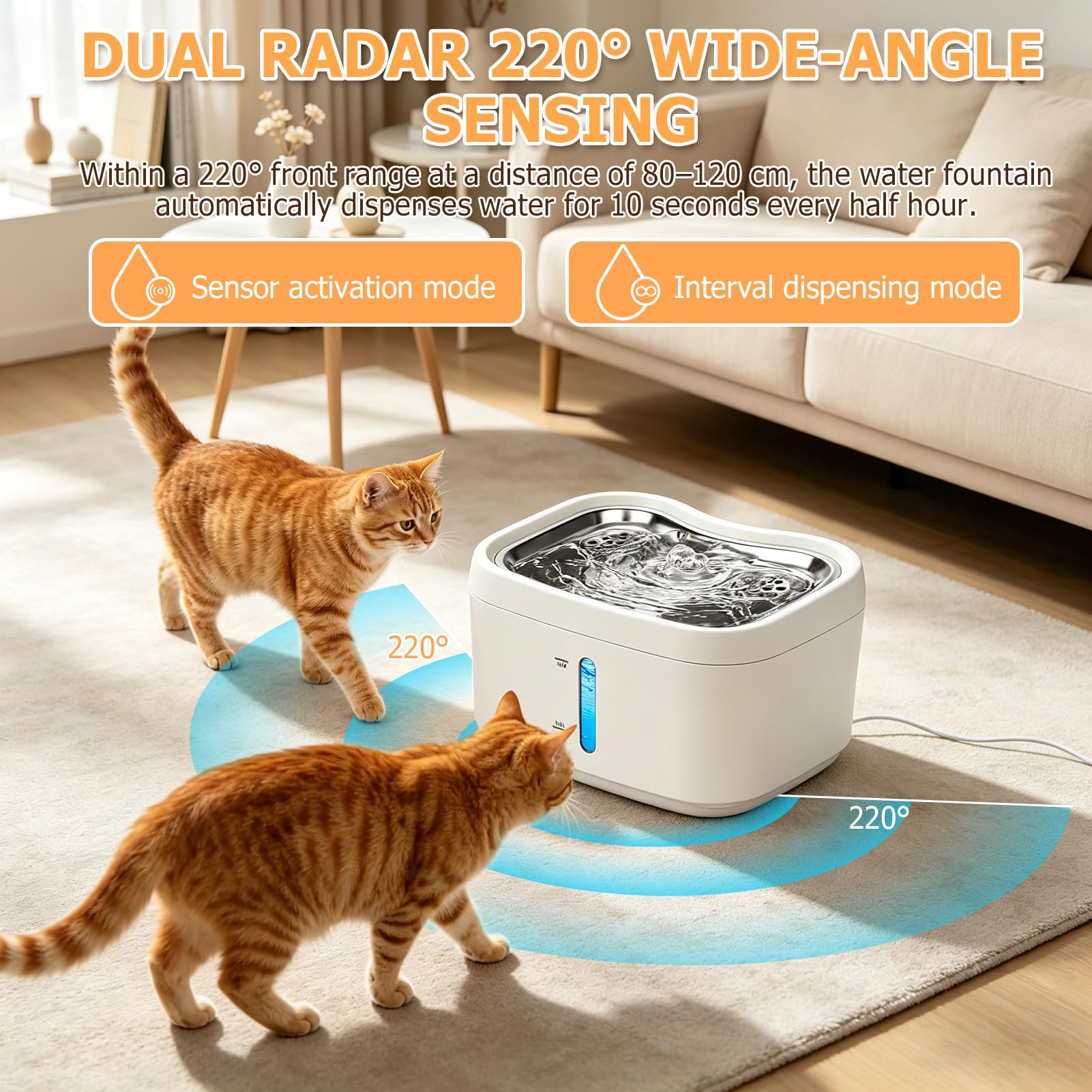 Fuente para gatos inalámbrica, 2,5 L, con detector de movimiento, funciona con pilas, 3000 mAh, fuente de agua con 2 filtros de carbón + 2 esponjas