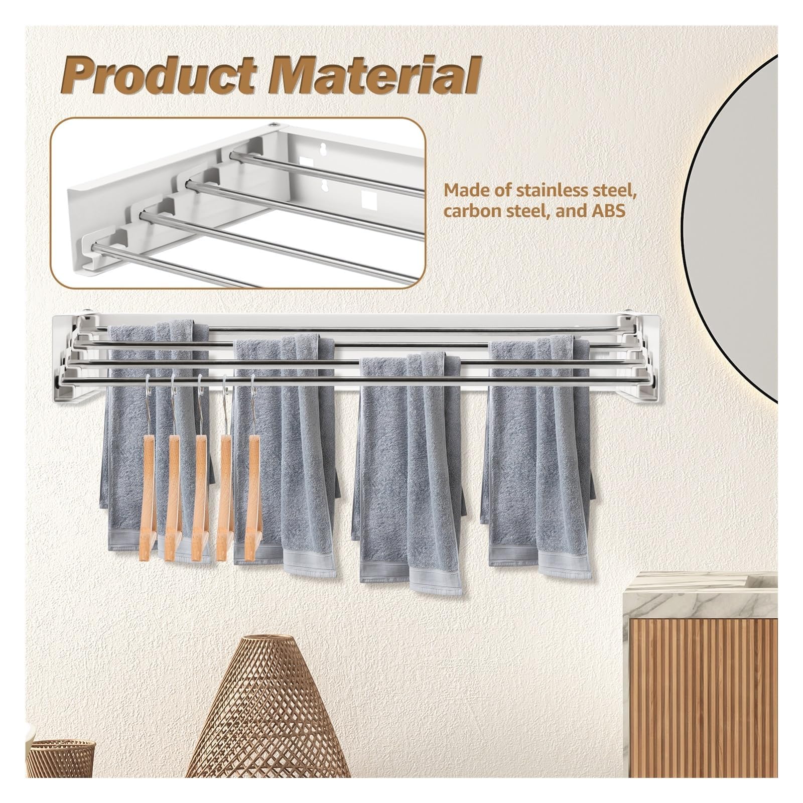 Wäscheständer Wandmontage, 50CM 4-Stange, Platzsparend, Robust, Ausziehbar, Faltbar, für Indoor & Outdoor, Balkon