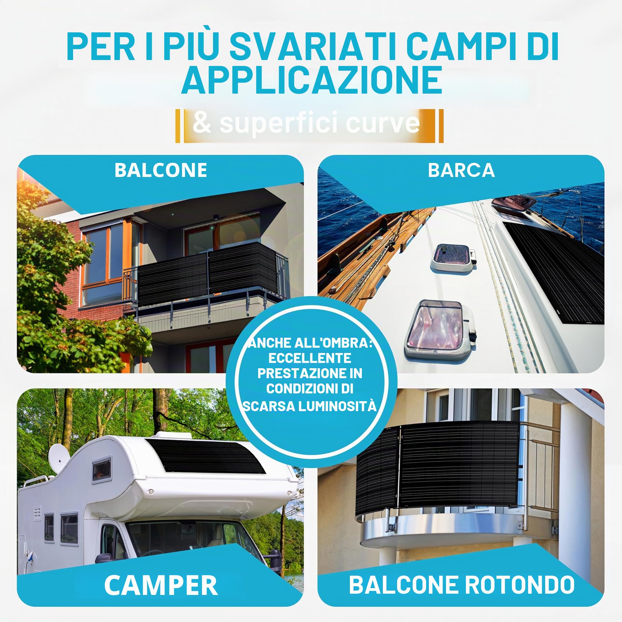 doitBau Modulo solare flessibile 200 W Full Black con scatola posteriore, ultra sottile 2 mm, 1,9 kg, 1352 × 770 mm, per camper, barca, balcone e tetto