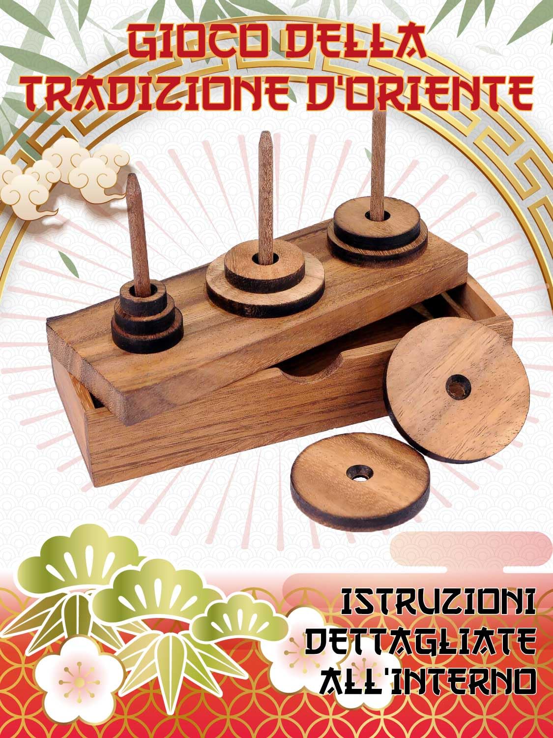 LOGICA GIOCHI Art. Torre di Hanoi 9 Dischi - Rompicapo in Legno Sequenziale - Difficoltà Miste - Scatola Richiudibile