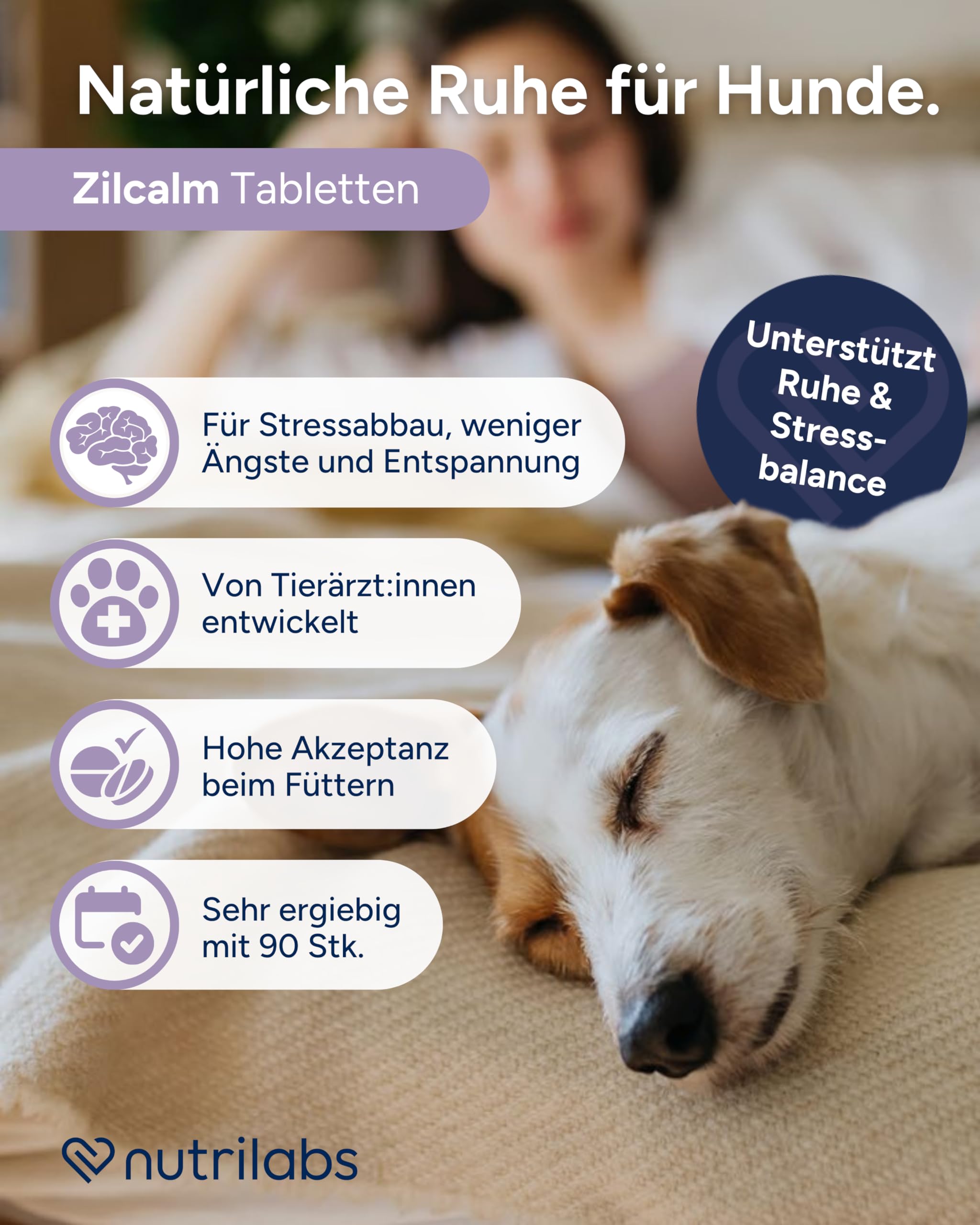 NutriLabs Zilcalm Beruhigungstabletten für Hunde - 90 STK. - mit Milchprotein, Ashwagandha, Probiotika, L-Tryptophan UVM. - Beruhigungsprodukte für Hunde - Nahrungsergänzungsmittel Hund
