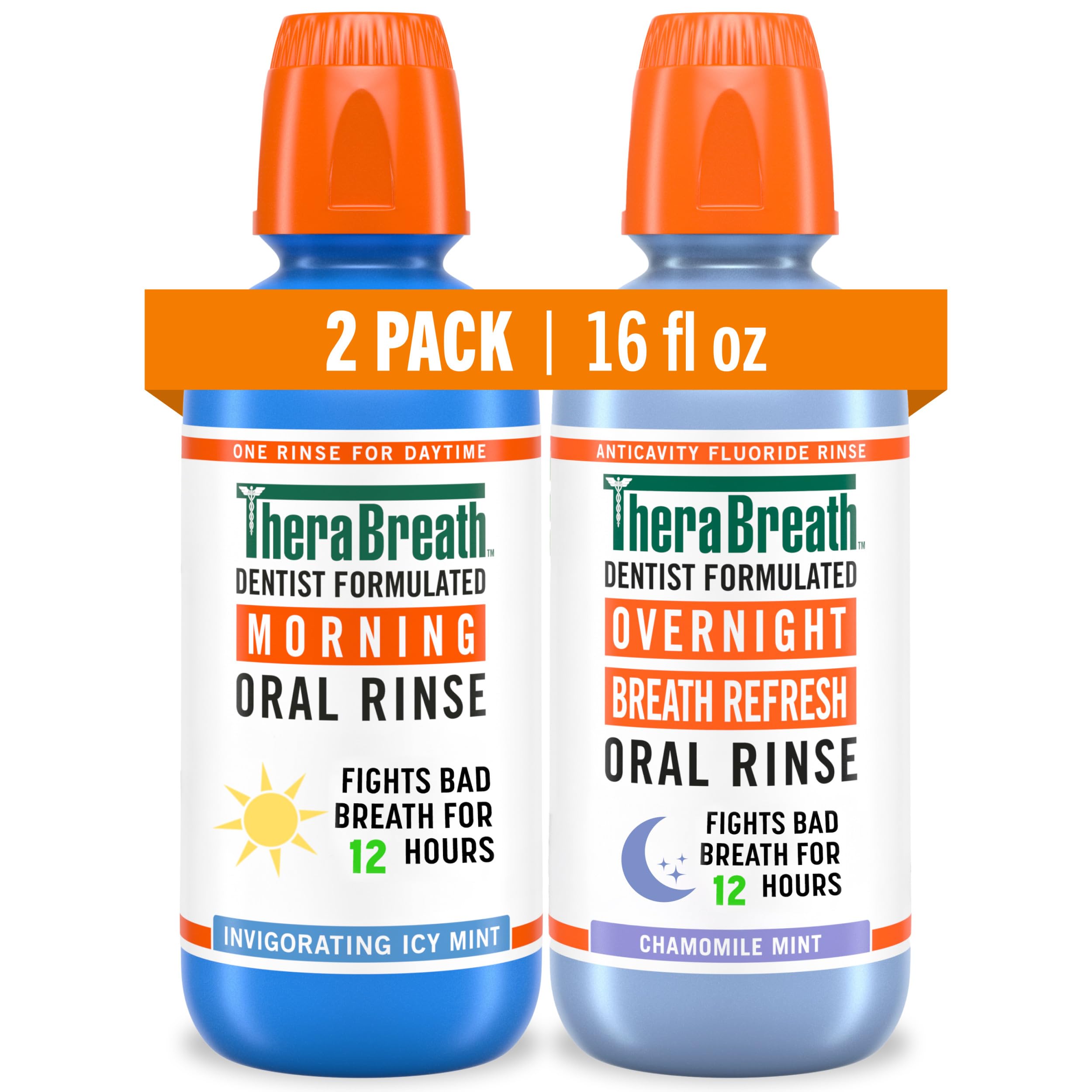 TheraBreath AM + PM Mouthwash Bundle, Morning & Overnight Rinses, 16 fl oz (2-Pack) - 2