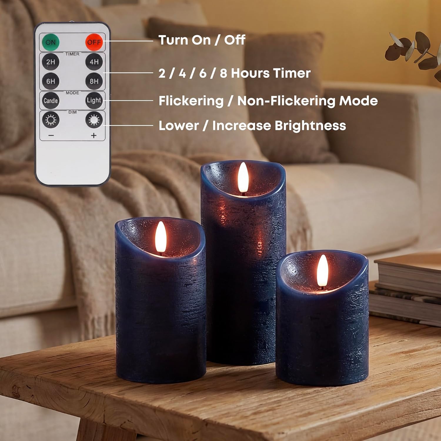 Elyrae Navy Blue Flameless Candles with Remote and Timer, Real Wax Made LED Pillar Candles Battery Operated with 3D Flickering Flame, 3" x 4",5",6", Navy Blue Decor, Set of 3