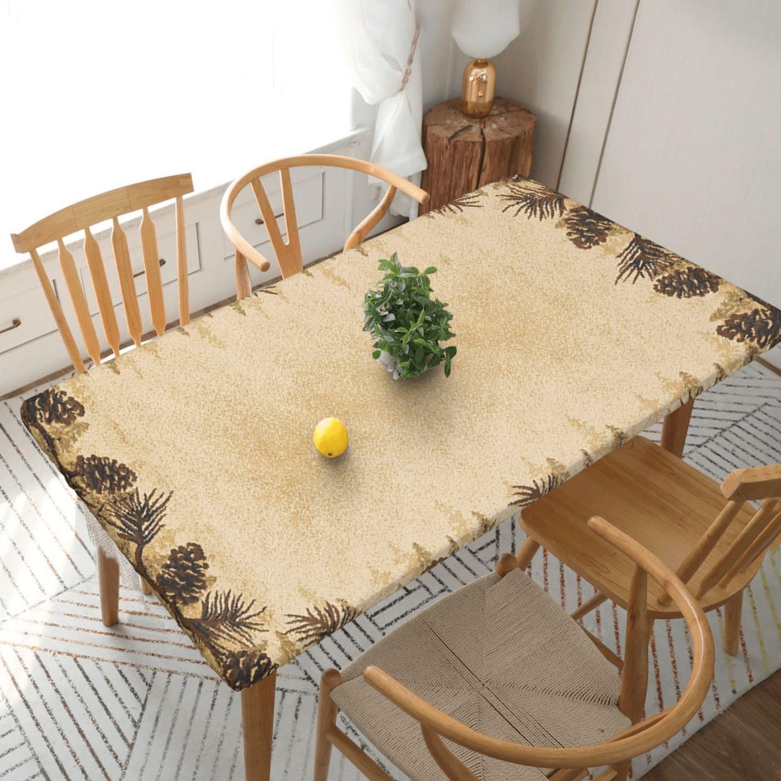 DCEHGEW Elastic Fitted Rectangle Tablecloth for 5ft Tables, Pine Cone Border Printed Oilproof & Washable Fabric Picnic Table Cloth Table Covers