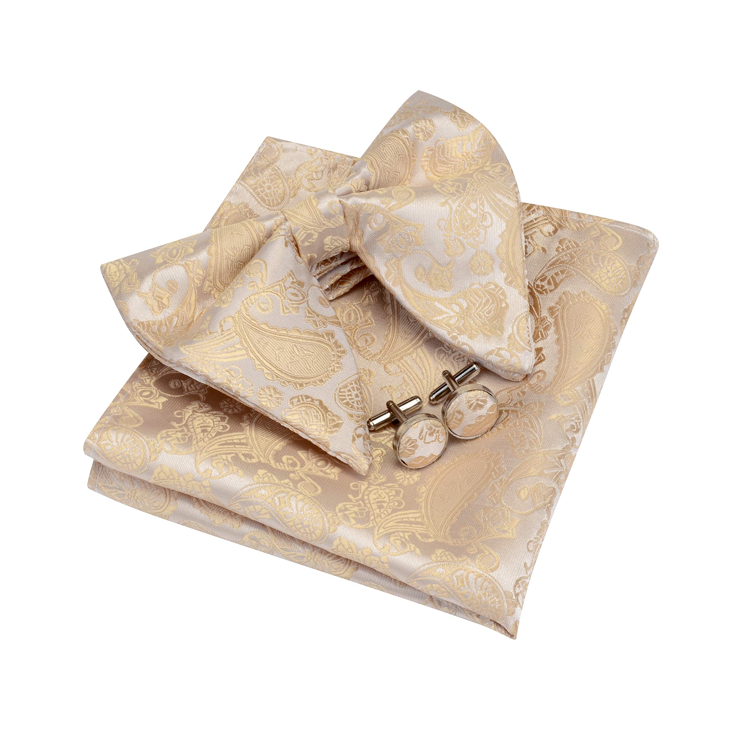 Gusleson Mens Champagne Bow Ties for Men Wedding Paisley Pre-tied Bowtie and Pocket Square Cufflink Set (UK0613-13)