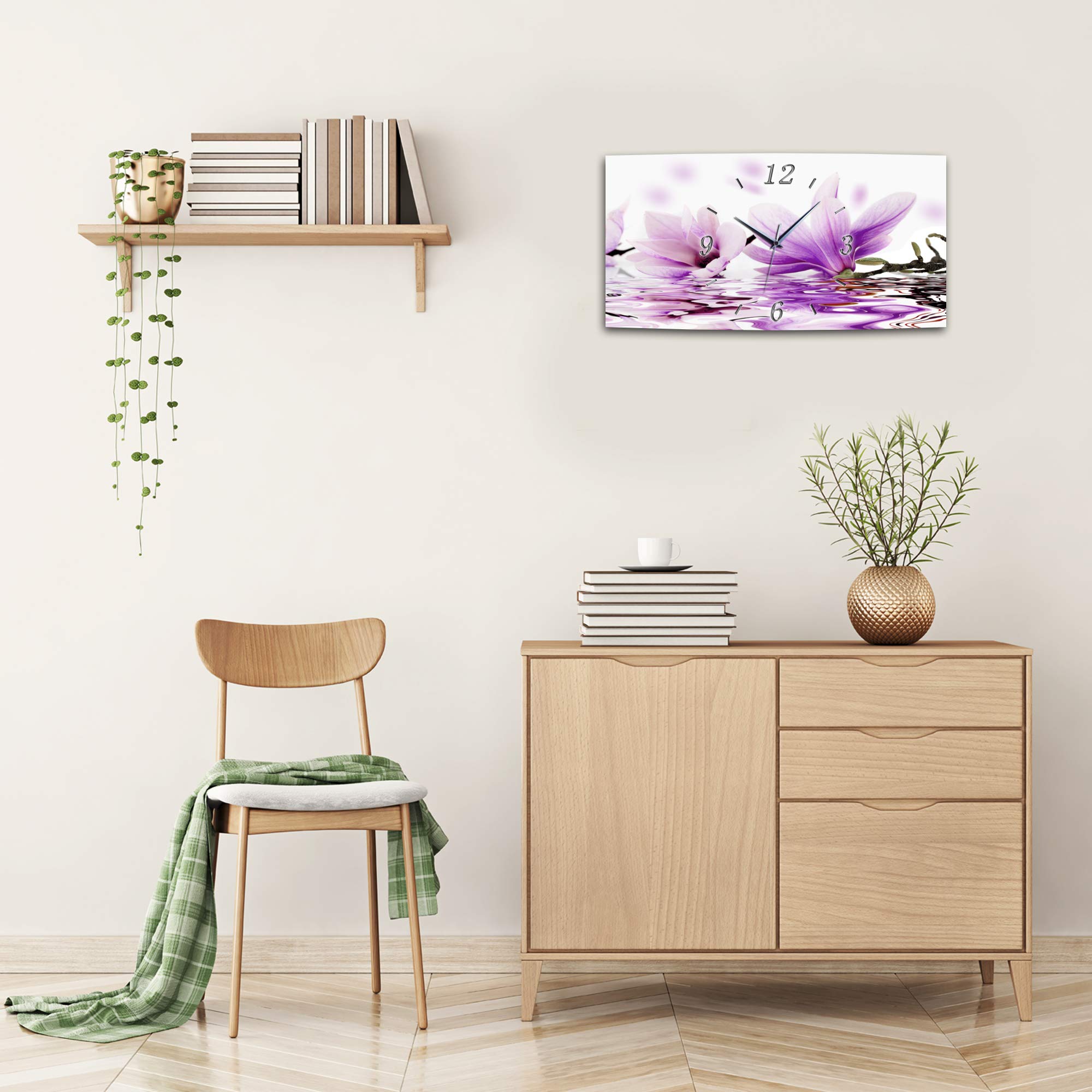 BM Funk Quarz Wanduhr Funkwanduhr Funkwanduhren Funkuhr Funkuhren kein Ticken lautlos geräuschlos leise modern ohne Tickgeräusche groÃŸ XXL Wohnzimmer Küche Magnolie Blüten Blumen 7019-1a