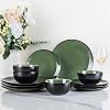 GBhome Stoneware Dinner Sets for 4 People, 12 Pieces Handcrafted Plates and Bowls Set, Scratch Resistant Dinnerware Set, Dishwasher & Microwave Safe Dishes, Evergreen