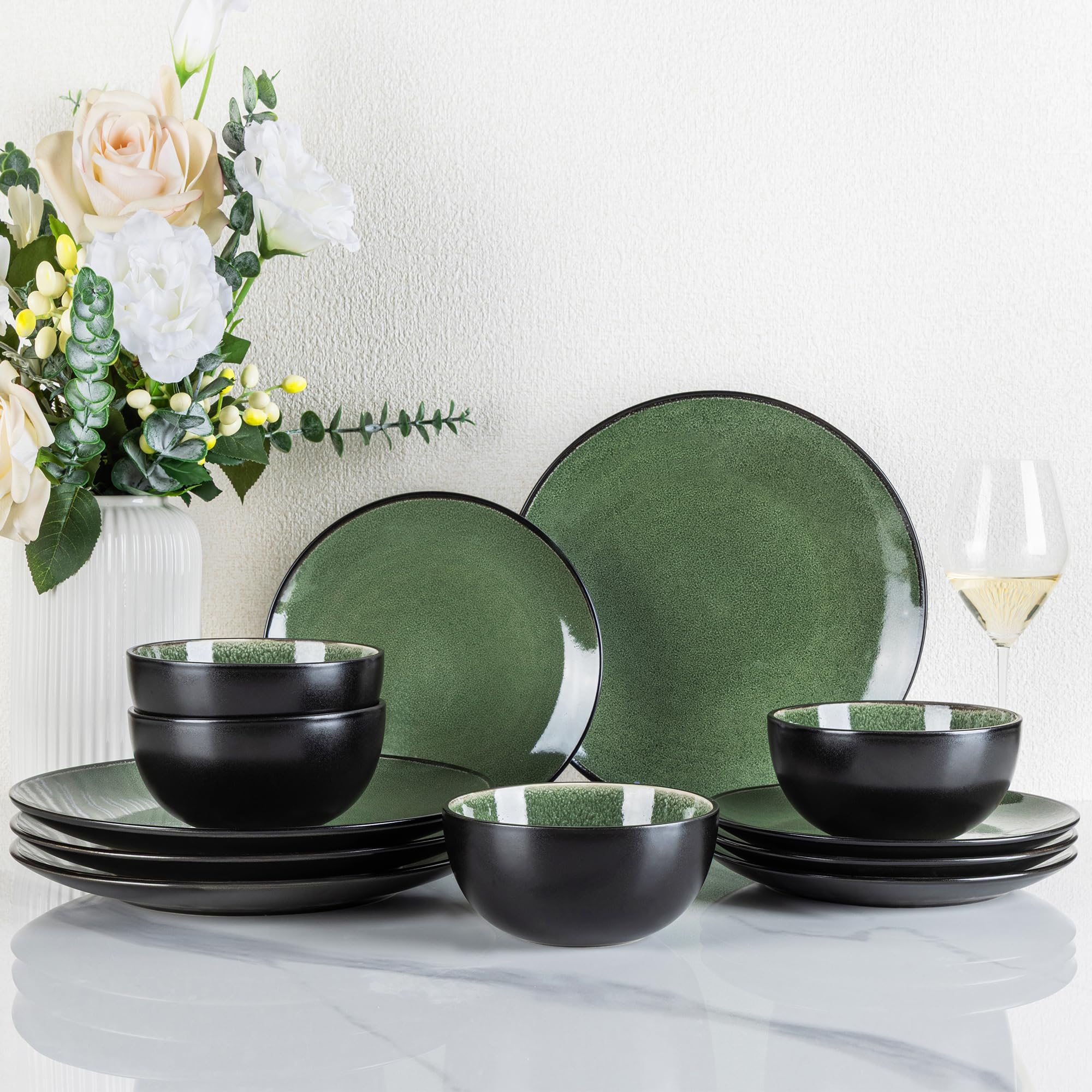GBhome Stoneware Dinner Sets for 4 People, 12 Pieces Handcrafted Plates and Bowls Set, Scratch Resistant Dinnerware Set, Dishwasher & Microwave Safe Dishes, Evergreen — image 1