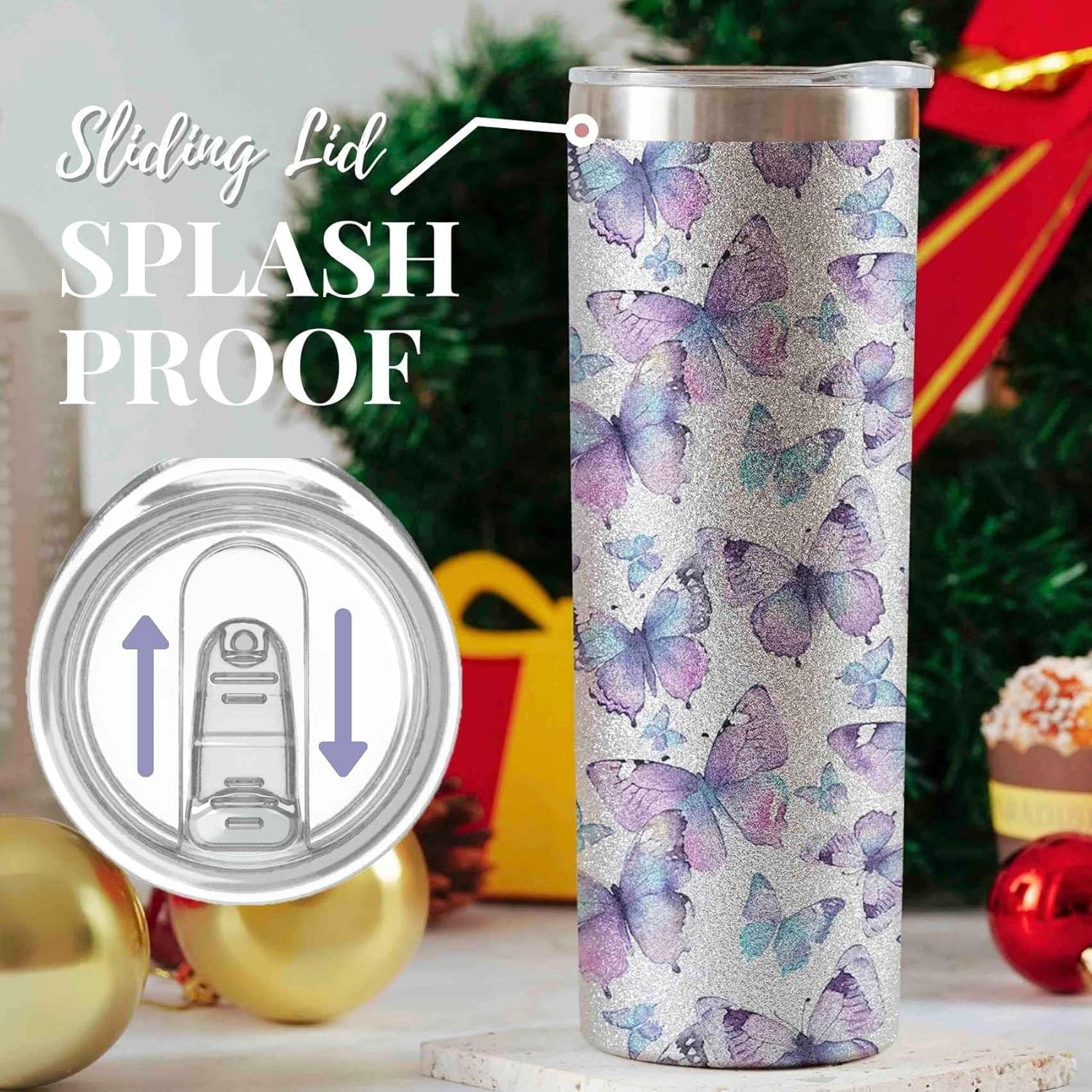 Onebttl Purple Butterfly Gifts for Butterfly Lovers for Women & Girls, 20oz/590ml Stainless Steel Tumbler with Lid, Perfect for Birthday, Christmas, Mother's Day - Image 5