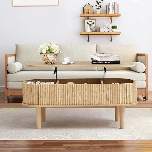 Miniatura 8 de Mesa auxiliar con parte superior acanalada con compartimento oculto, mesa central de madera totalmente montada, moderna mesa de elevación ovalada