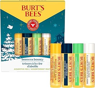 Burt's Bees Christmas Gifts, 4 Lip Balm Stocking Stuffers Products, Assorted Mix Set - Classic Beeswax, Vanilla, Cucumber Mint & Coconut and Pear (4-Pack)