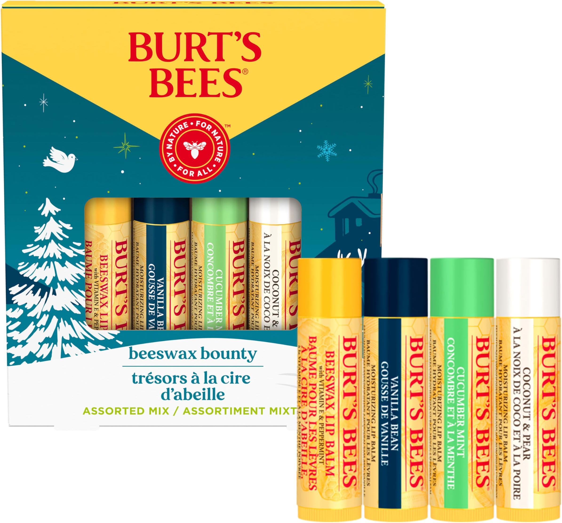 Burt's Bees 4 Lip Balm Stocking Stuffers Products, Assorted Mix Set - Classic Beeswax, Vanilla, Cucumber Mint & Coconut and Pear (Pack of 4)