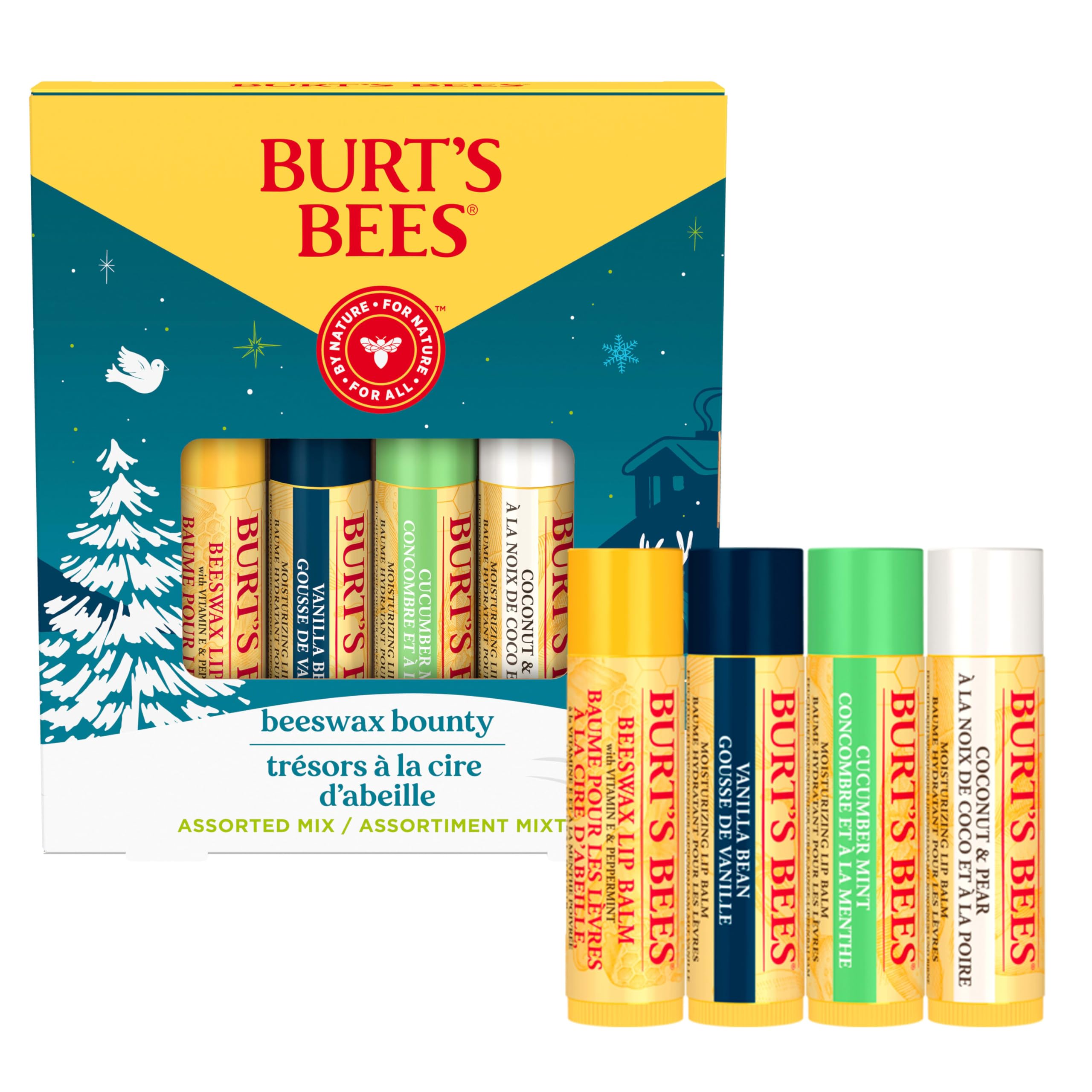 Burt's Bees Christmas Gifts, 4 Lip Balm Stocking Stuffers Products, Assorted Mix Set - Classic Beeswax, Vanilla, Cucumber Mint & Coconut and Pear