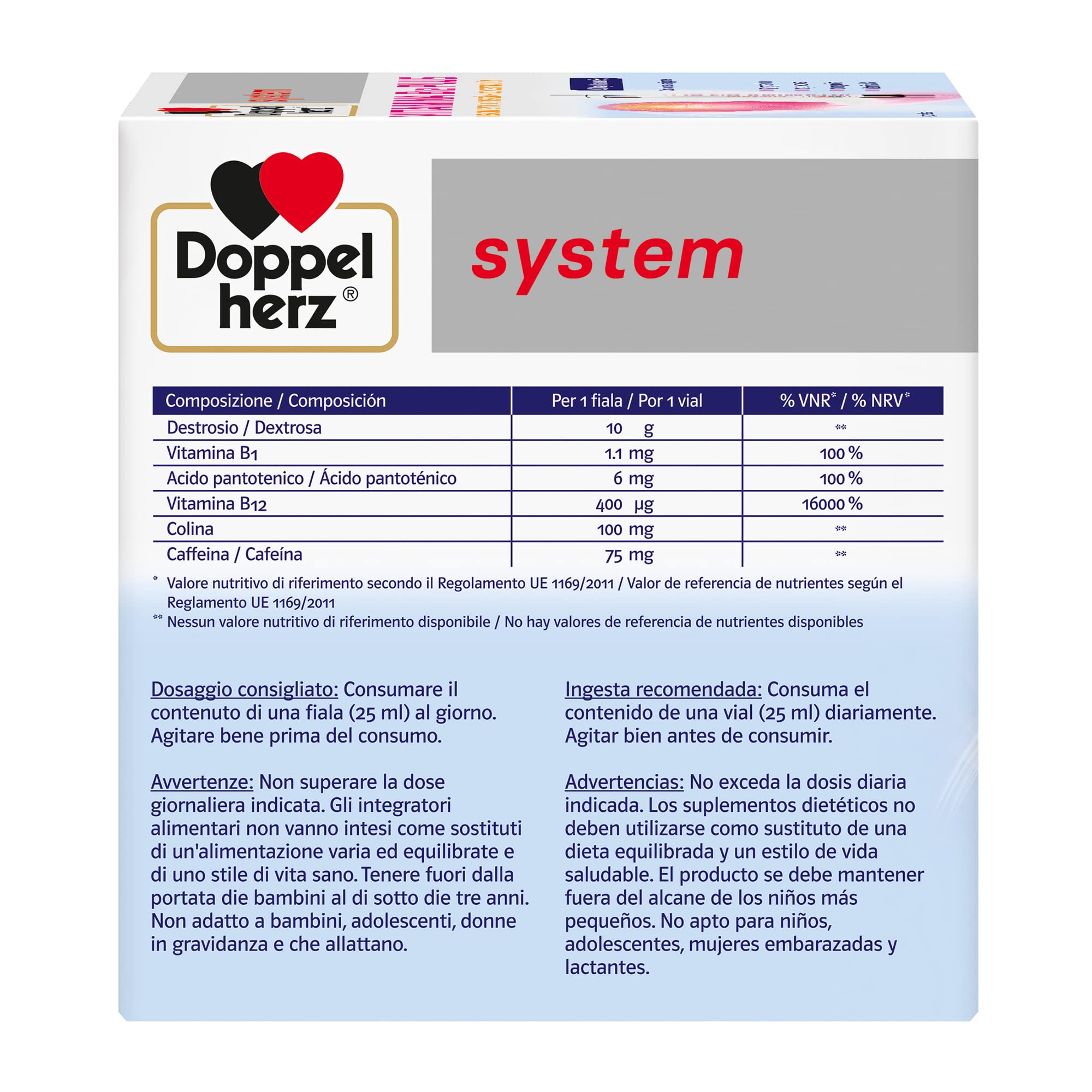 Doppelherz system VITAMINA B12 PLUS - Integratore Alimentare con Destrosio, Vitamine del Gruppo B, Caffeina e Colina, Sapore Arancia e Pompelmo - Senza Glutine e Lattosio - 30 Fiale