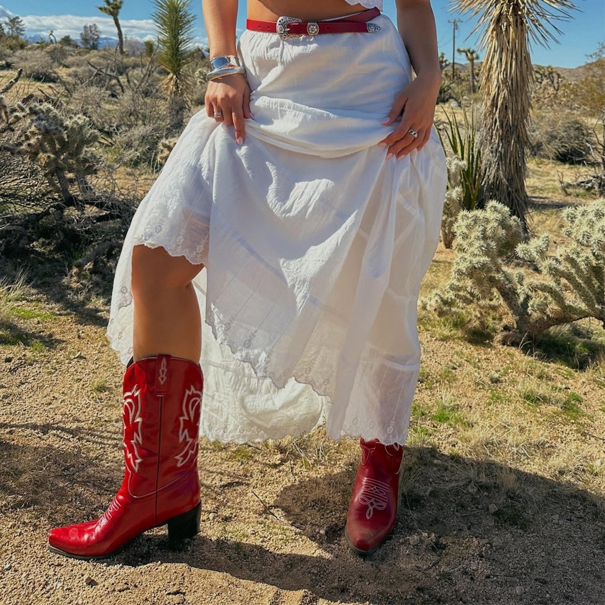 Yolkomo Cowboy Boots for Women Red Western Cowgirl Mid-Calf Pull-On Leather Embroidered Red Cowboy Boots Pointed Toe Size 11 - Image 4