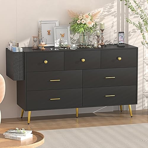 Cómoda de 6 cajones para dormitorio cómoda moderna de madera negra con cajones anchos y asas de metal cómoda larga para sala de estar pasillo y