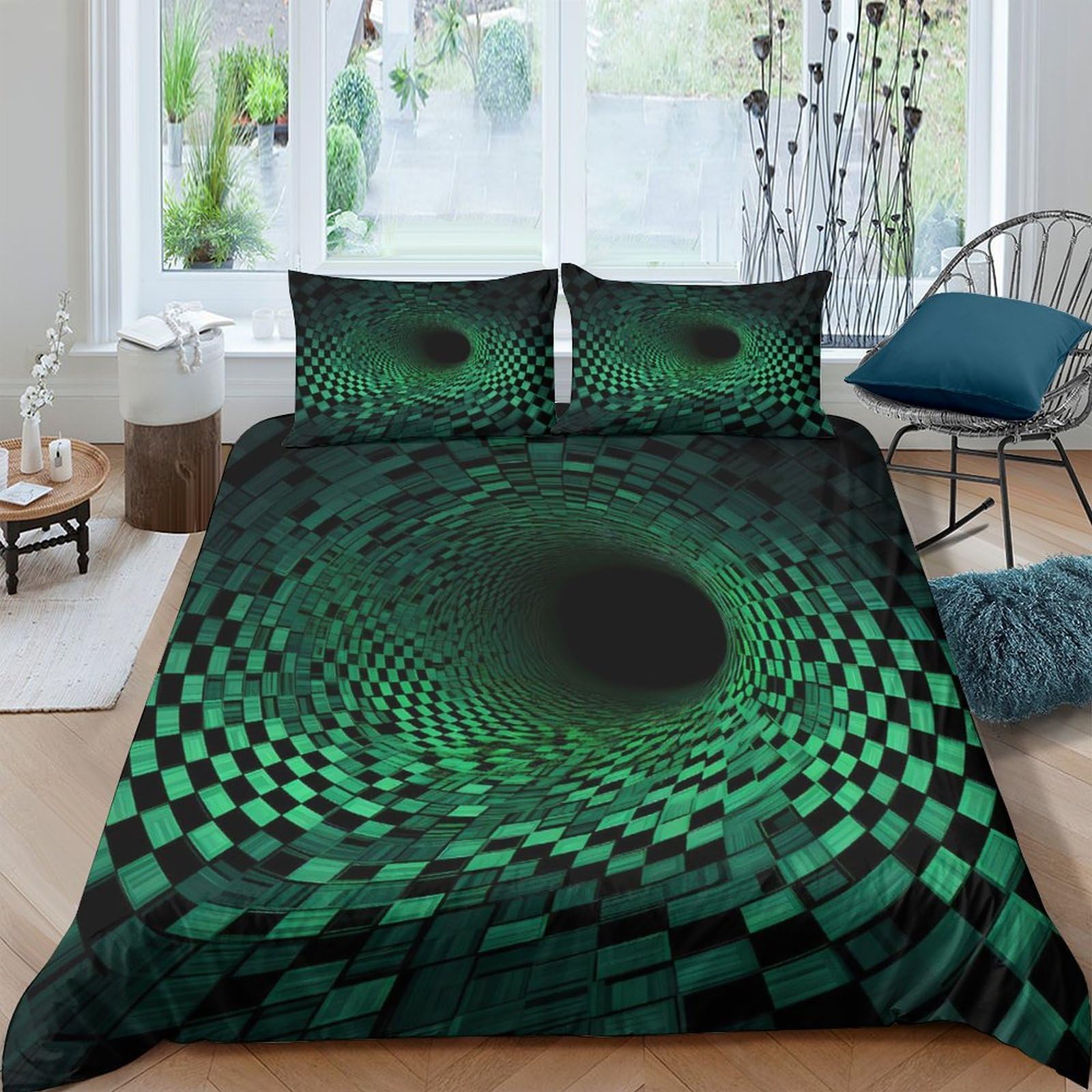 Ctjqhvkz Style-5 3D Printed Green Optical Illusion Fitted Sheet Microfiber Soft Geometric Vortex Bed Cover For Bedroom Dorm Decor Single（135X200cm）
