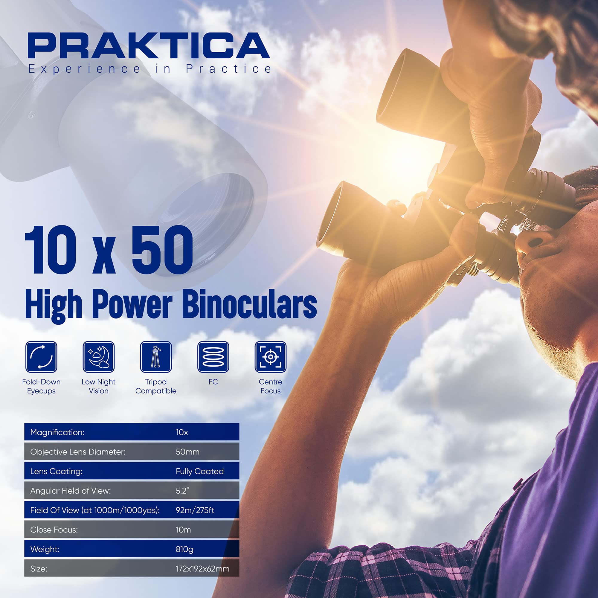 Praktica Falcon 10 x 50 mm szeroki kąt pole pryzmat porro lornetka piaskowa i uniwersalny adapter do mocowania statywu