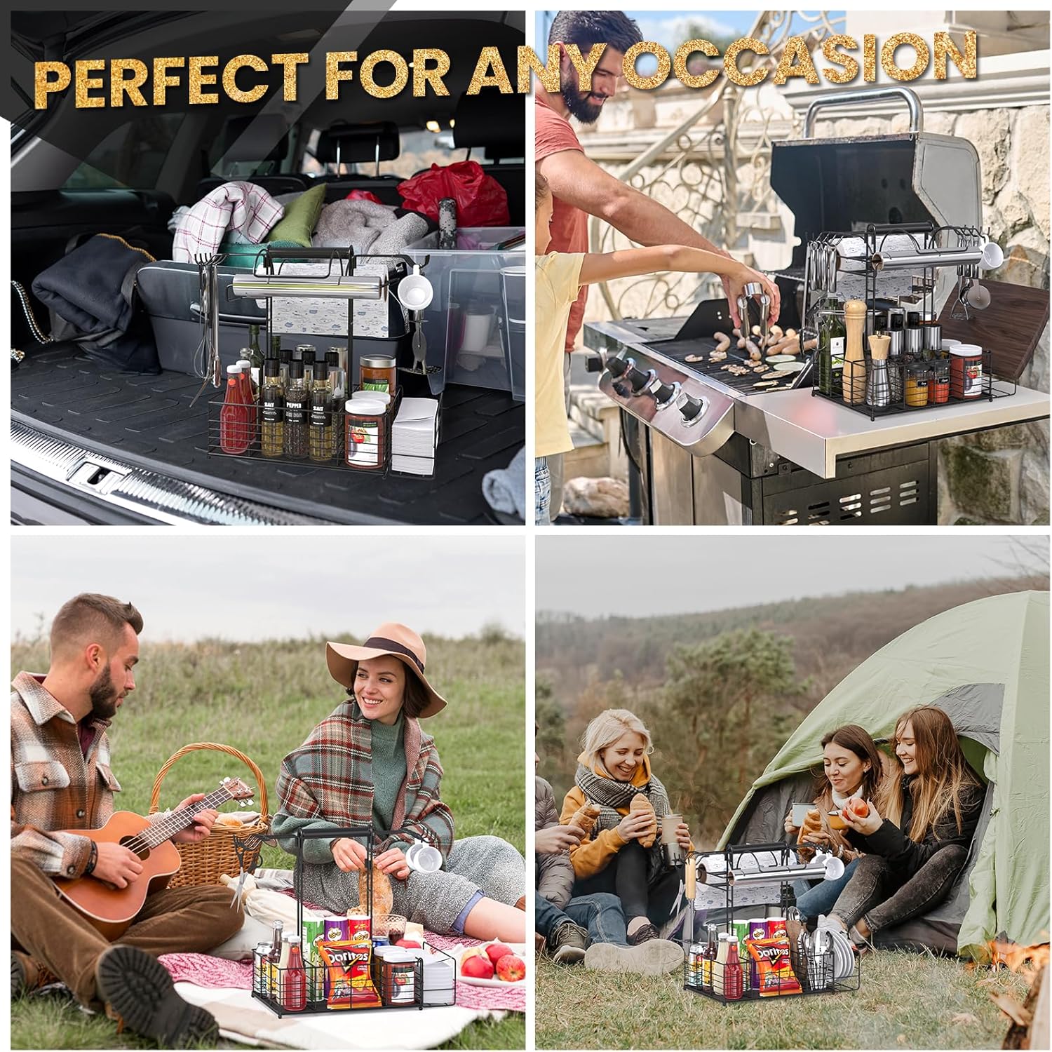 Barbecue Tool Sets Storage Organizer - Grill Caddy for Outdoor Grill with 2 Paper Towel Holders, BBQ Caddy for Outdoor Grill with 9 Compartments & 8 Hooks (16.6 Inch)