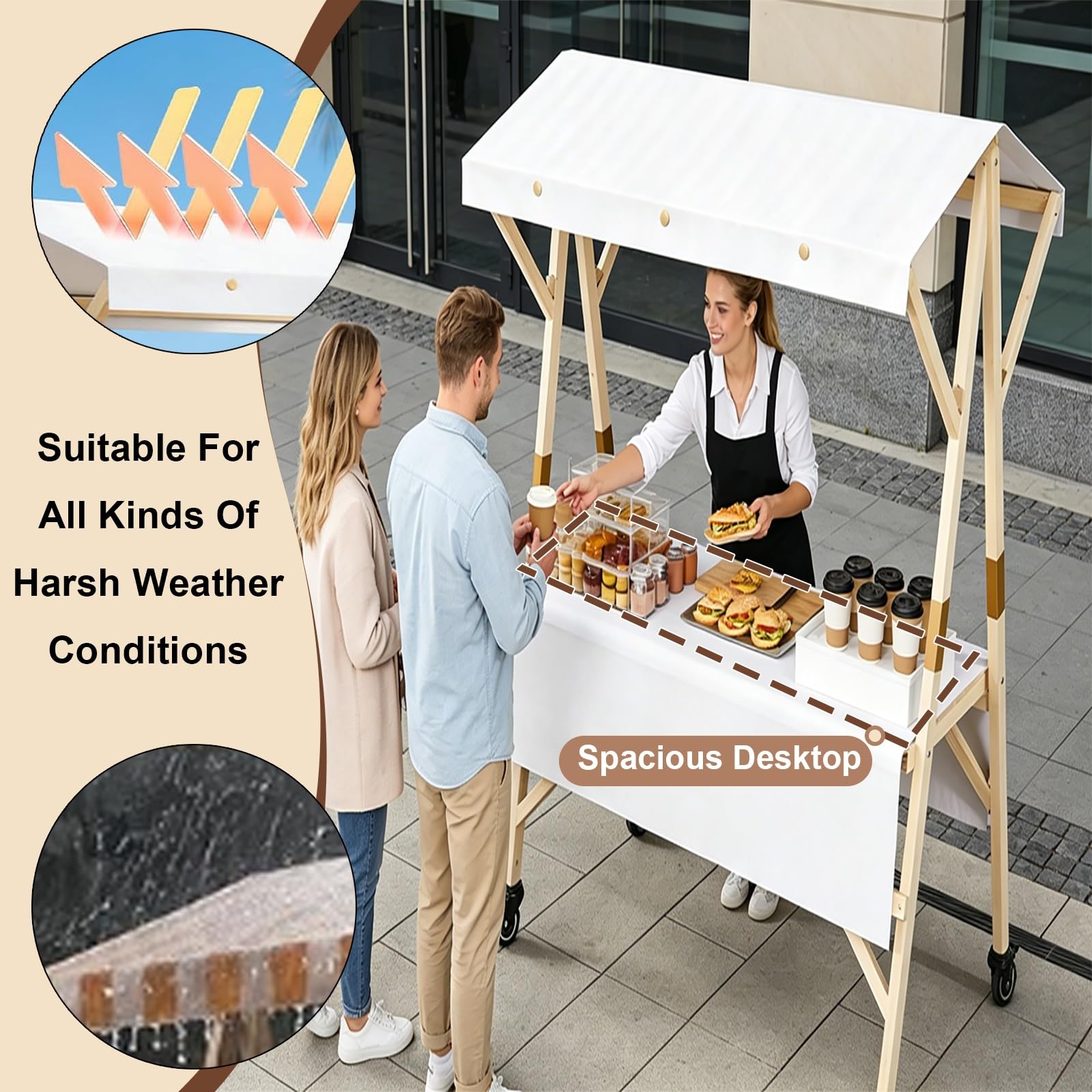 Carro De Comida De Madera con Ruedas, Puesto De Venta Plegable, Carrito De Exhibición Portátil con Toldo Y Mantel, para Mercados Callejeros, Ferias(Red,150cm/59in)