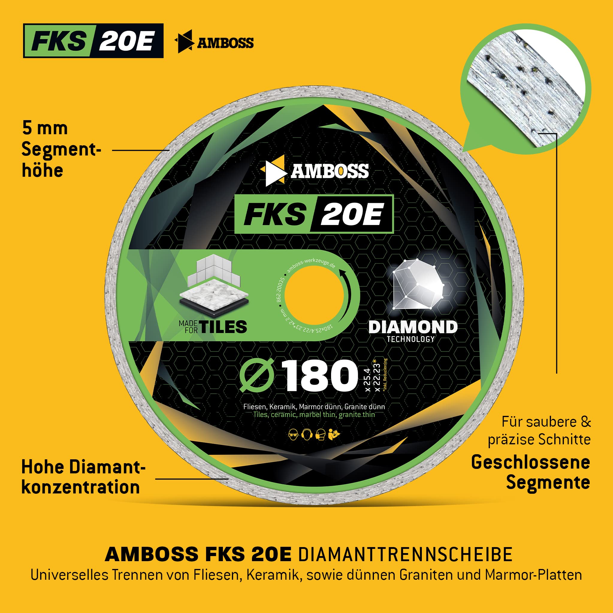 Amboss FKS 20 - diamentowa tarcza tnąca Ø 180 mm x 22,2 mm - płytki / ceramika/marmur | Wysokość segmentu: 5 mm (spiekana)