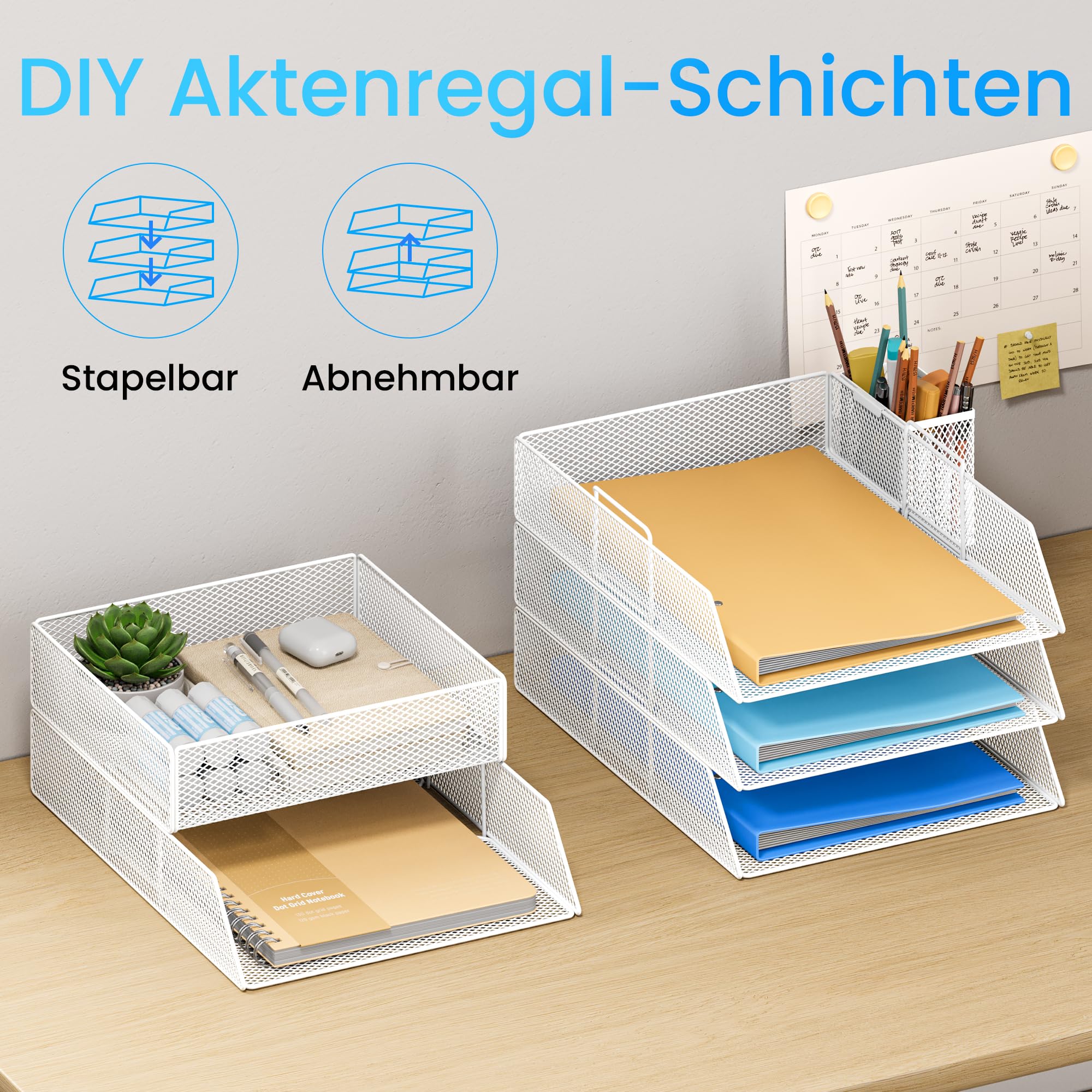 VITVITI Stapelbare Briefablage, Schreibtisch Organizer mit 5 Aktenhalter und 1 Stiftehalter, für A4 Dokument, Büro Organizer aus Metall, Schreibtischablage für Büroablage, Postkörbe (White)