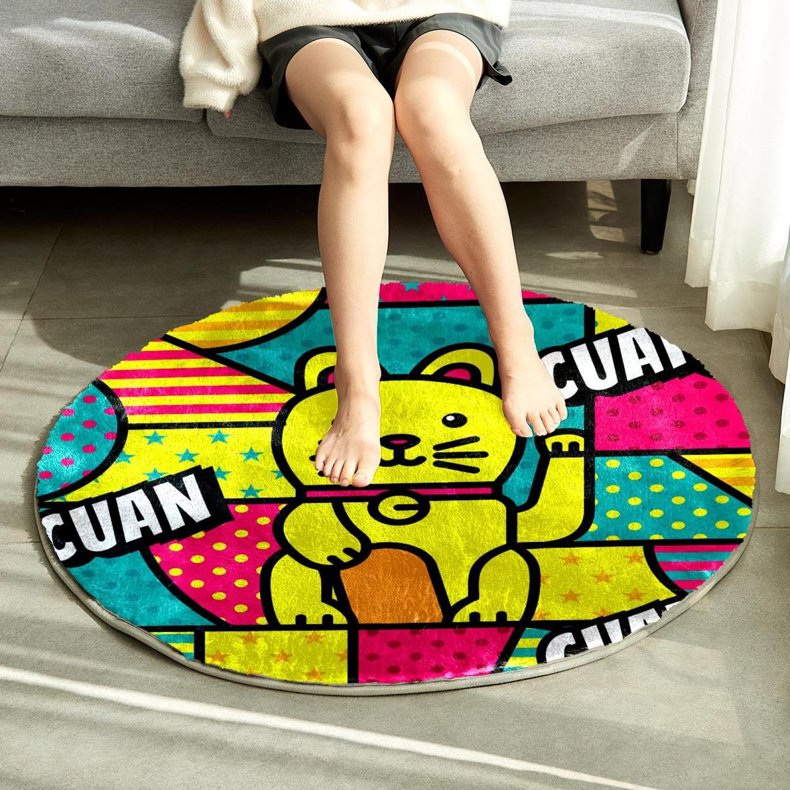 Tapis à poils longs doux et moelleux pour salon, chambre à coucher, chambre d'enfant - Motif chat de la Chine - 80 cm