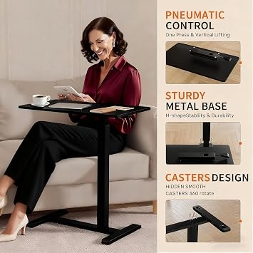 Mobile Small Standing Desk with Hidden Wheels, Pneumatic Laptop Desk, Rolling Computer Cart Movable, Portable Rolling Computer Sit Stand Side Table for Couch, Home, Office, Black