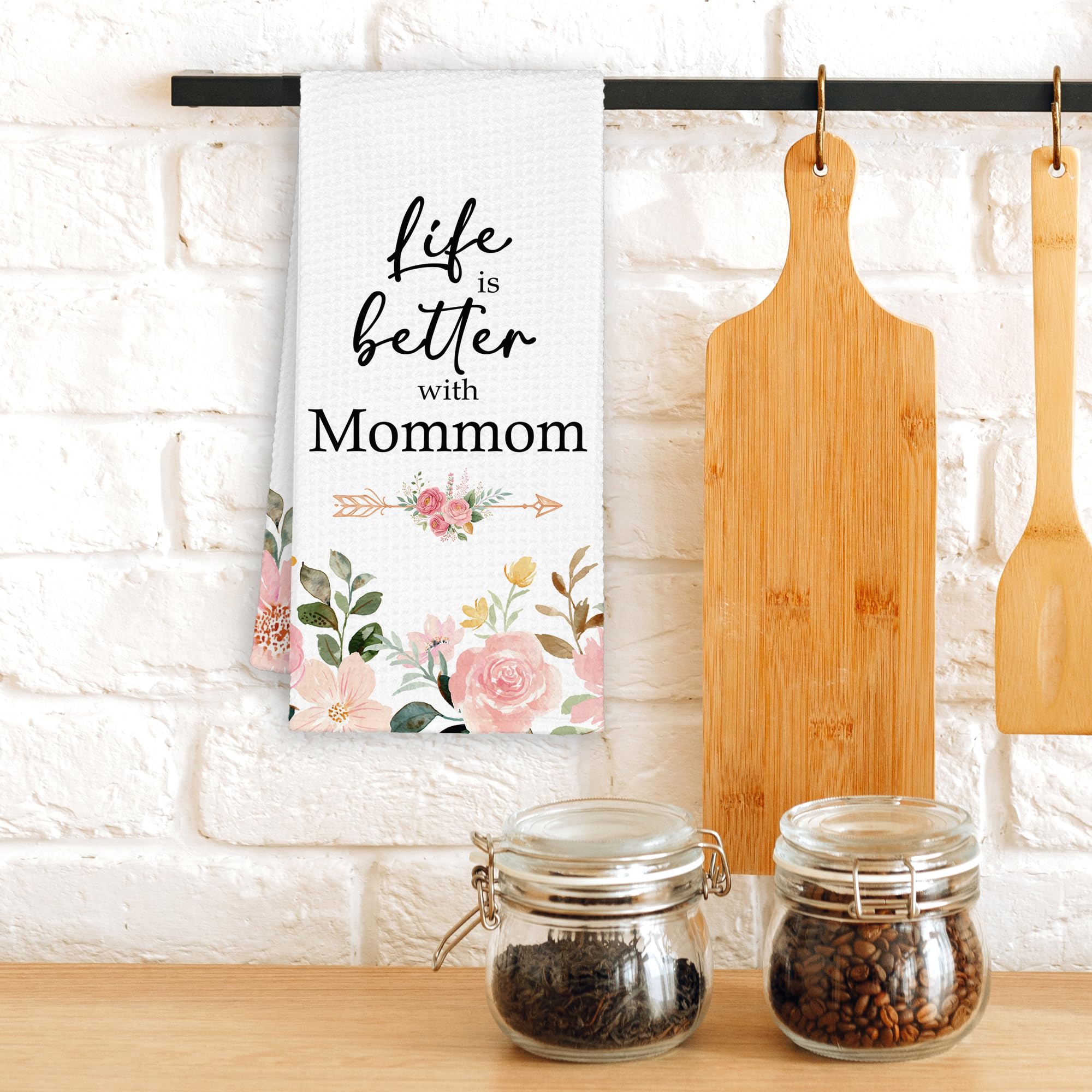Mommom Grandma Kitchen Towels Gifts, Life is Better with Mommom Gifts for Birthday Mother's Day, Pink Floral Rose Peony Hand Towels Decor for Bathroom, Rustic Dish Tea Bar Towel Home 16x24in