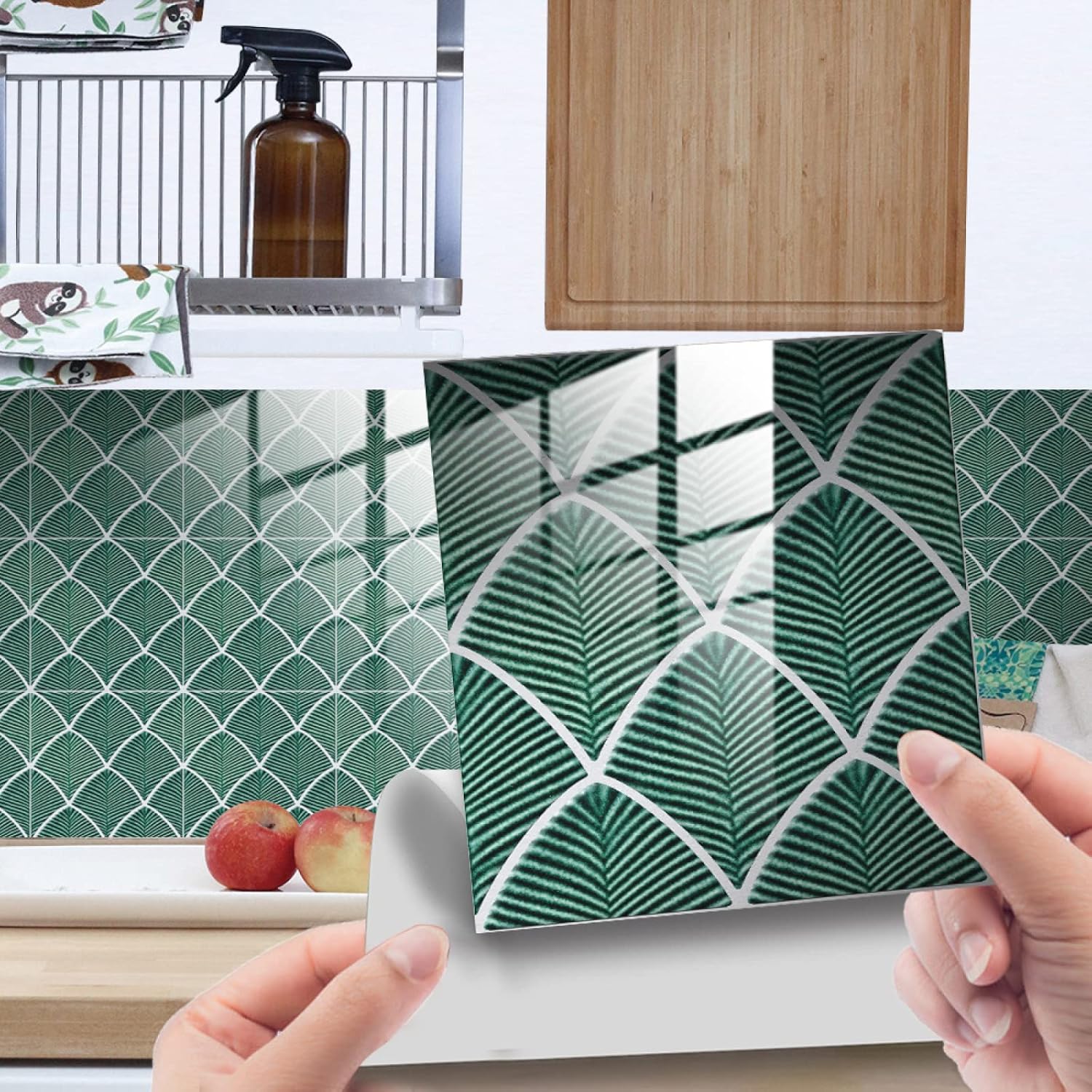 Stylish Tile Stickers Emerald Green Leaves Peel and Stick