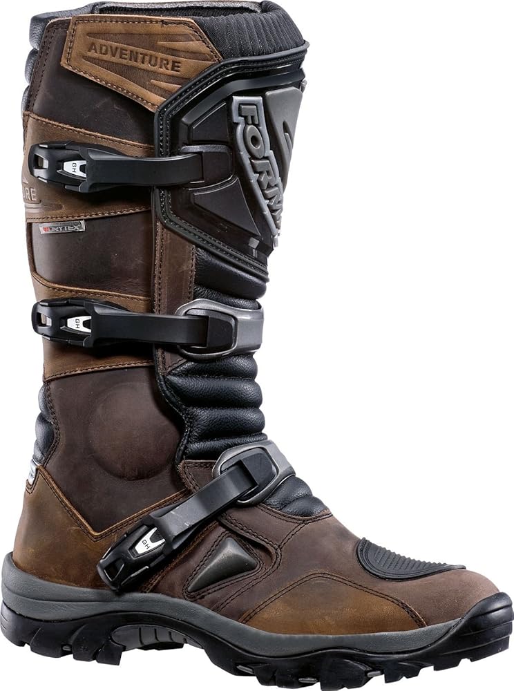Full-length profile view of Forma Adventure Boots Brown motorcycle boots in size 9 US 43 EU demonstrating complete protection and styling