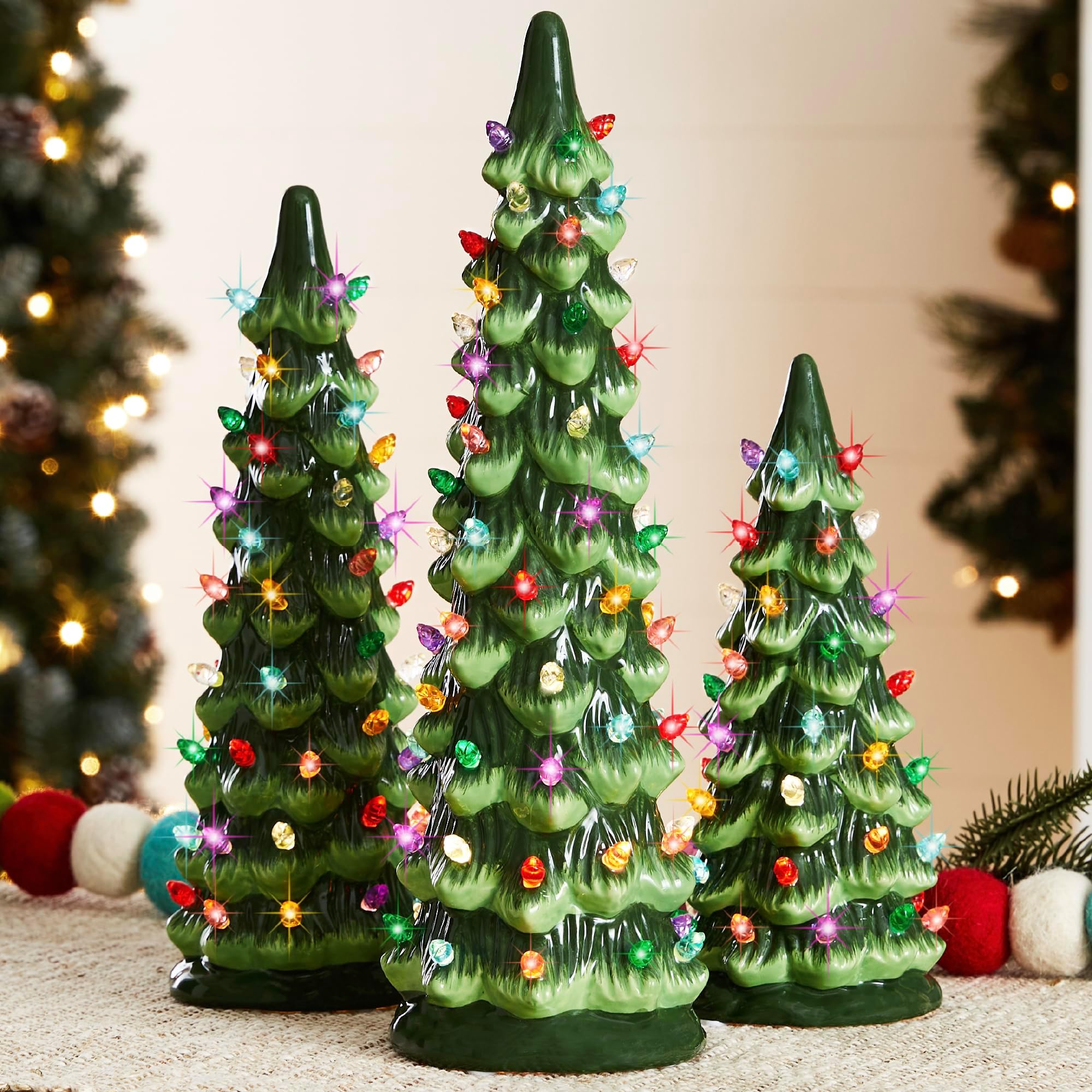 Best Choice Products Set of 3 Ceramic Christmas Trees, Pre-Lit Hand-Painted Tabletop Holiday Decoration w/Multicolor Bulbs, Battery-Operated LED Lights – Green