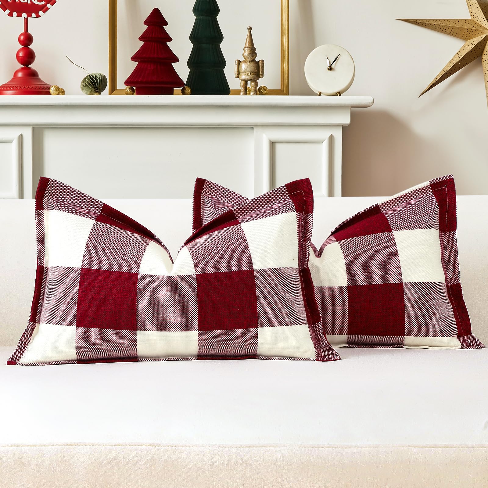 Sungeek Buffalo Check Plaid Cushion Covers 30 x 50 Set of 2 Linen Christmas Tartan Decorative Lumbar Pillow Covers with Stitched Edge for Sofa Couch Bed Living Room 12x20 Inch (White and Red) - Image 2